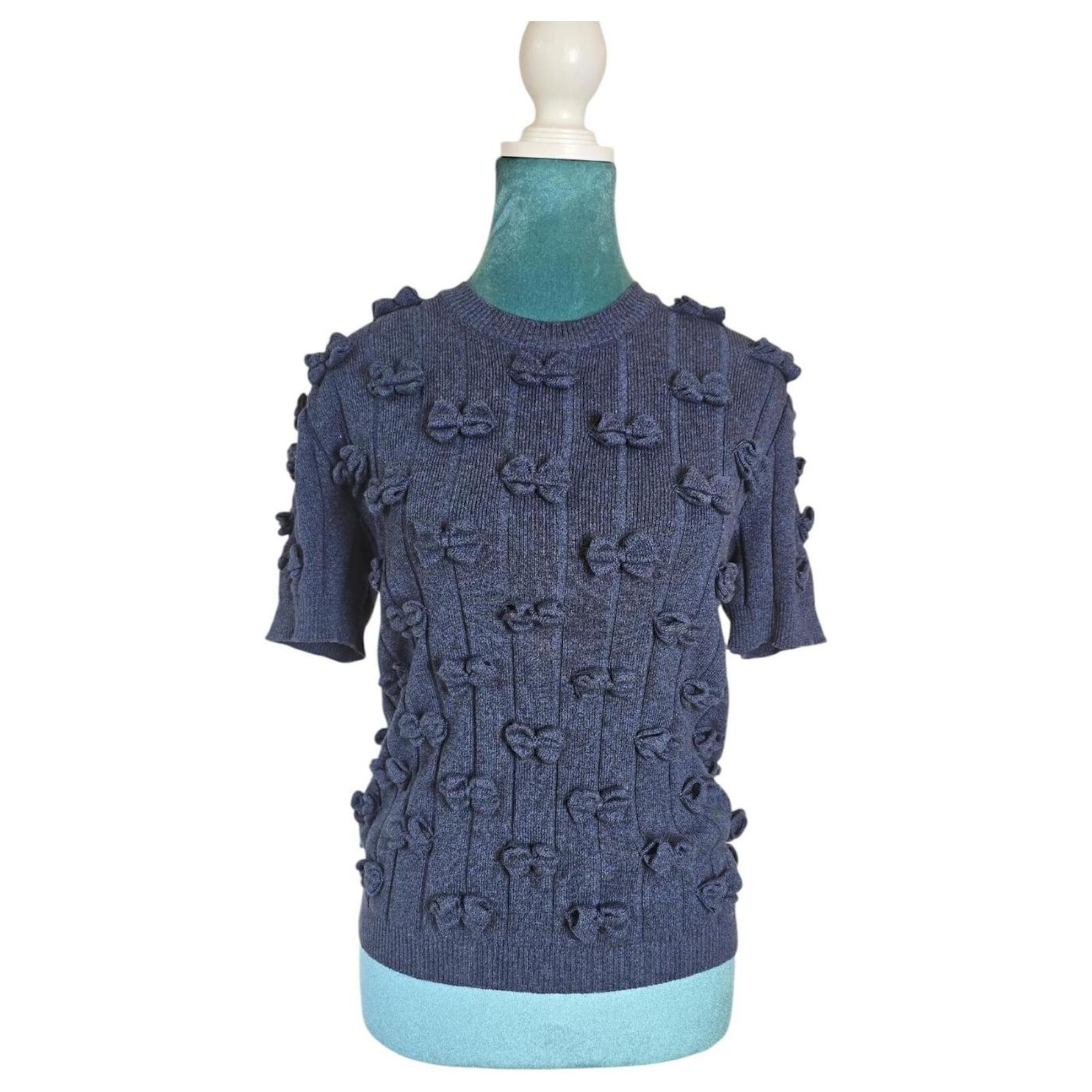 Chanel Navy Blue Cotton Knit Bow Applique Sweater Top FR 42