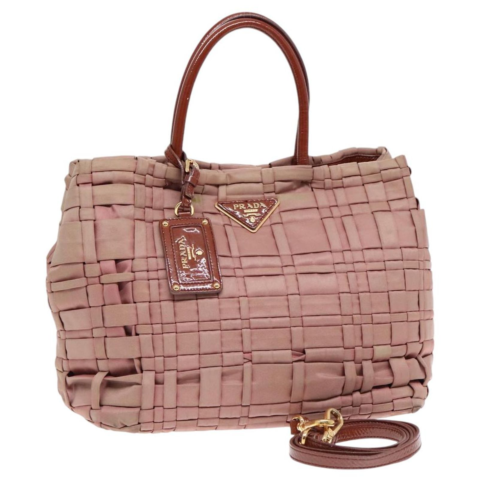 PRADA Hand Bag Nylon Enamel 2way Brown Gold Auth 92117 Golden ref 