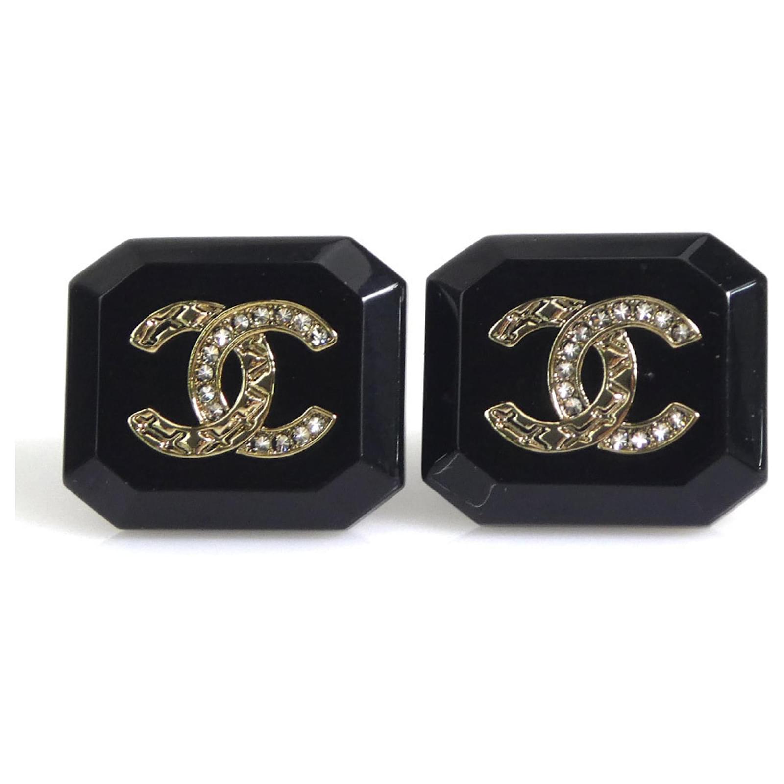 Chanel Coco Mark Resin Metal Stud Earrings Black Golden ref