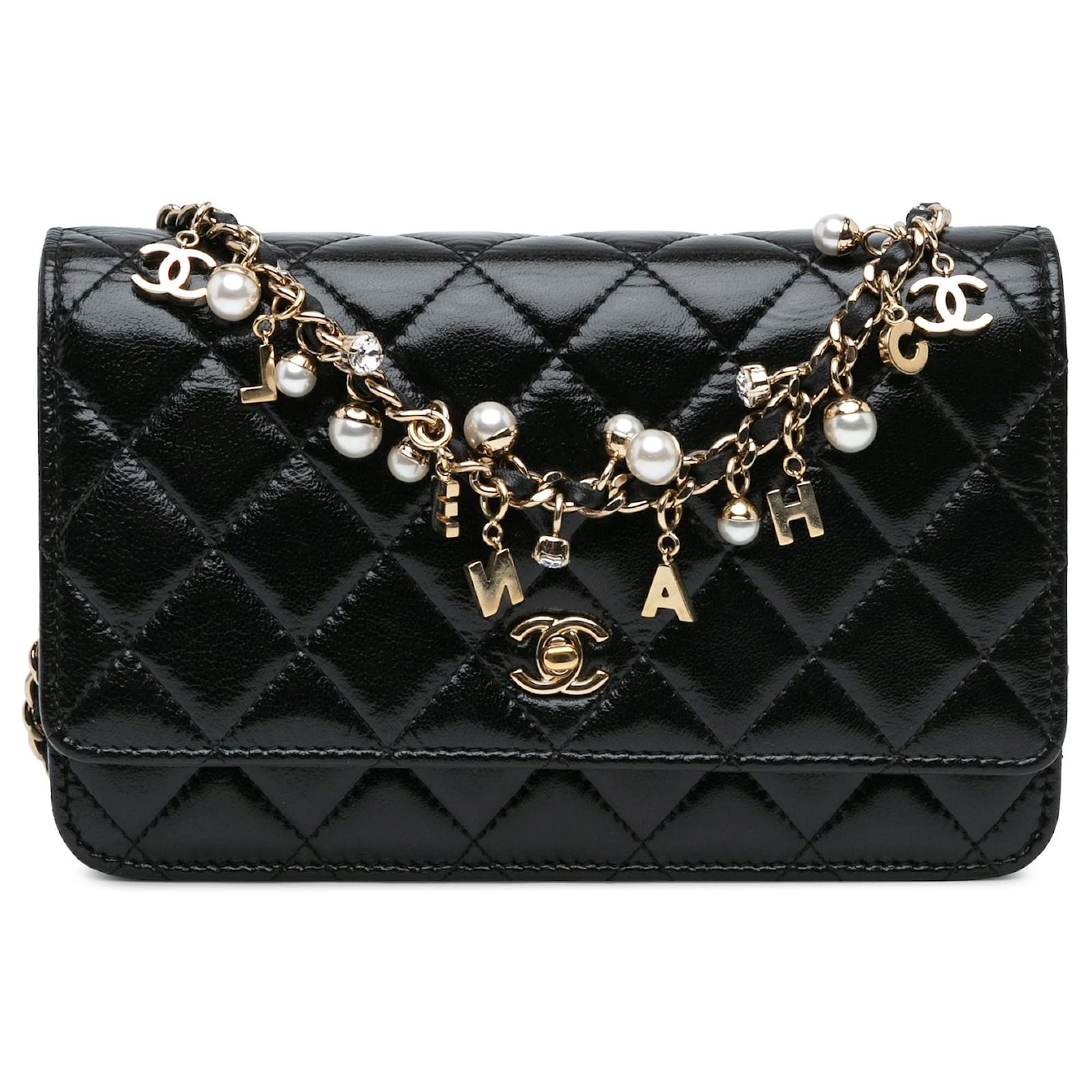 Wallet On Chain Sac à bandoulière en cuir de veau verni noir avec - Main Image