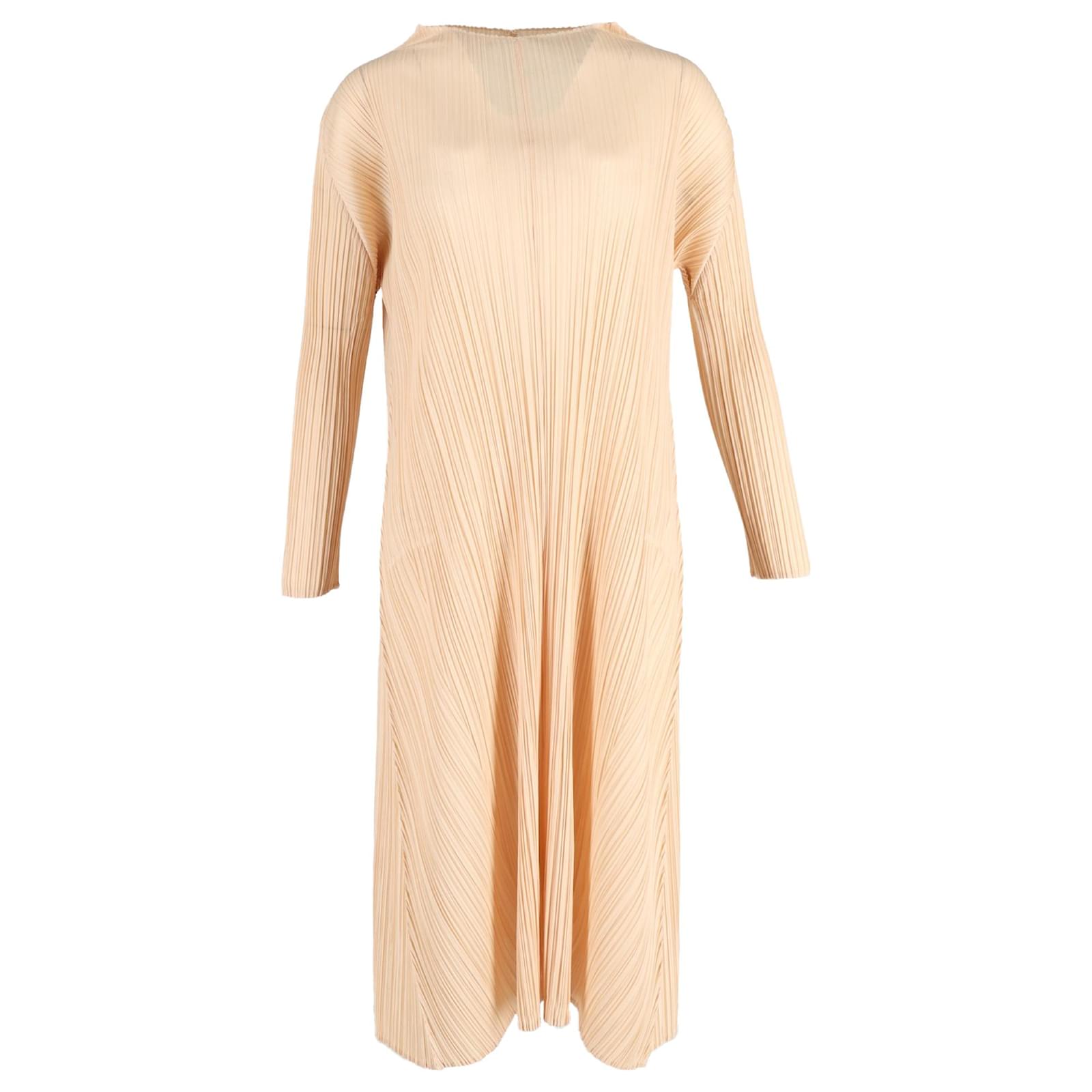 Issey Miyake Pleated Midi Long Sleeve Dress in Nude Polyester Brown Flesh  ref.JC1715853 (Sold) - Joli Closet
