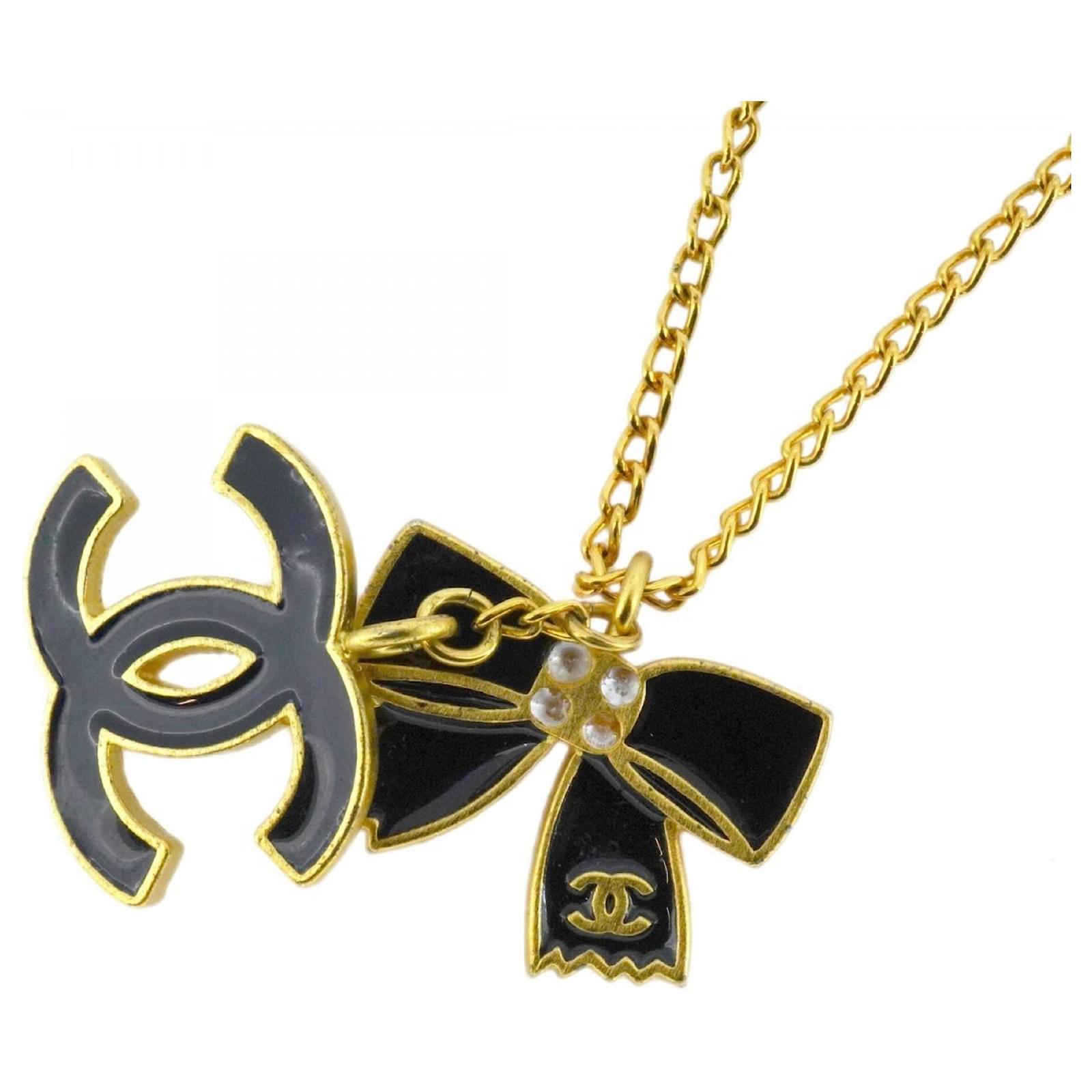 CHANEL nacklace coco mark ribbon ココマーク Chanel Necklace Coco Mark Ribbon Motif Black Golden Gold