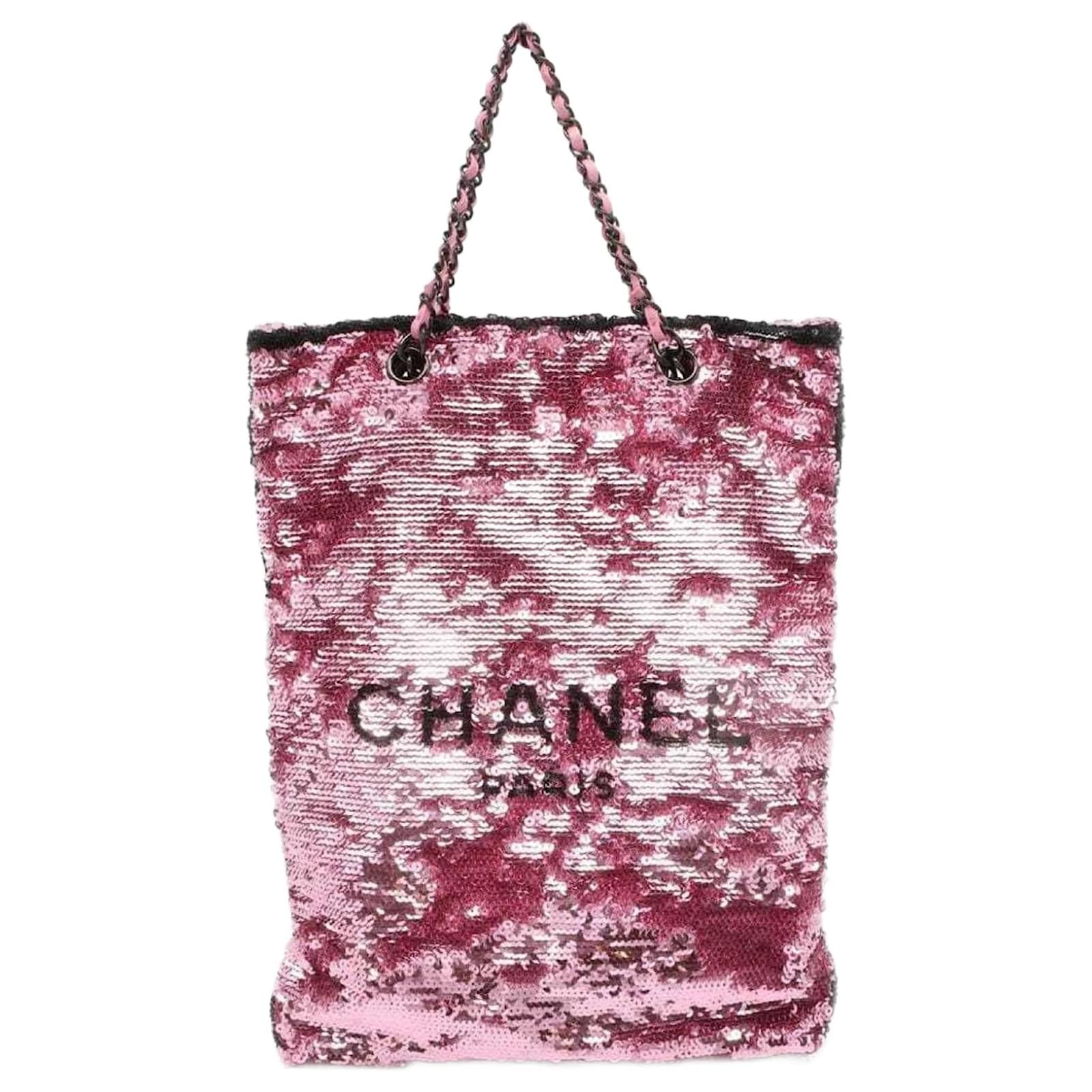 Bolso tote de cuero negro con lentejuelas Chanel Rosa