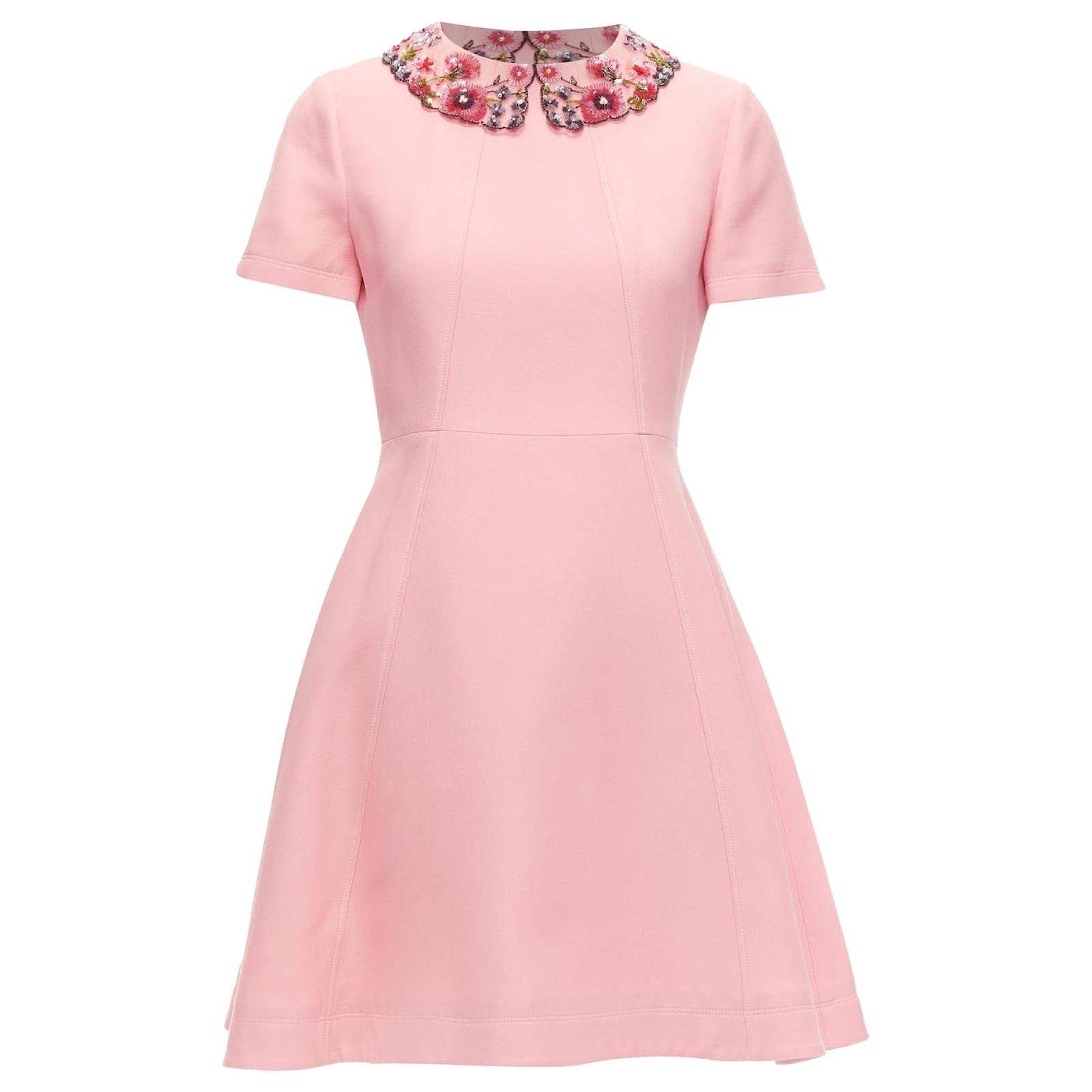 Valentino Garavani Valentino Crepe Sequin Sheer Collar Fit Flare Mini Dress  Pink Wool ref.JC1717263 (Sold) - Joli Closet