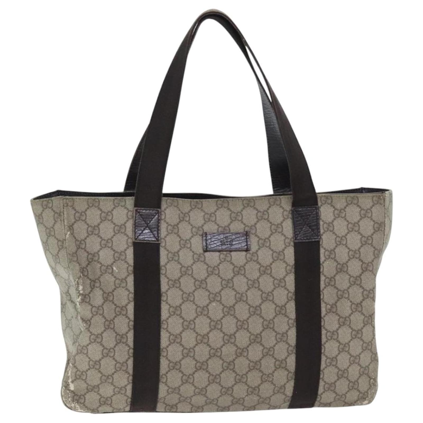 GUCCI GG Supreme Tote Bag PVC Leather Beige Dark Brown Silver