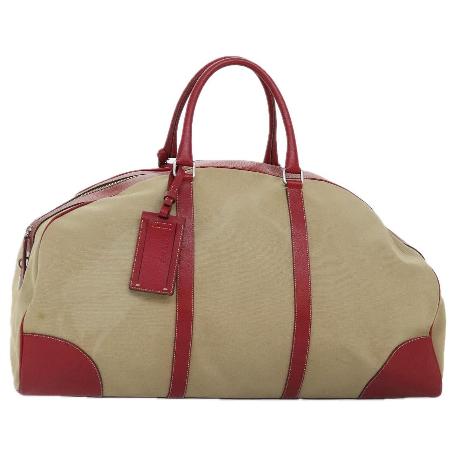 PRADA Boston Bag Canvas Leather Beige Red Silver Auth 91240 