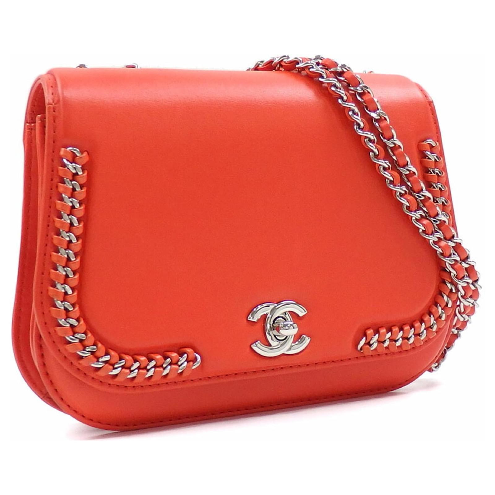 Chanel Red Orange Chain Shoulder Bag Leather Joli Closet