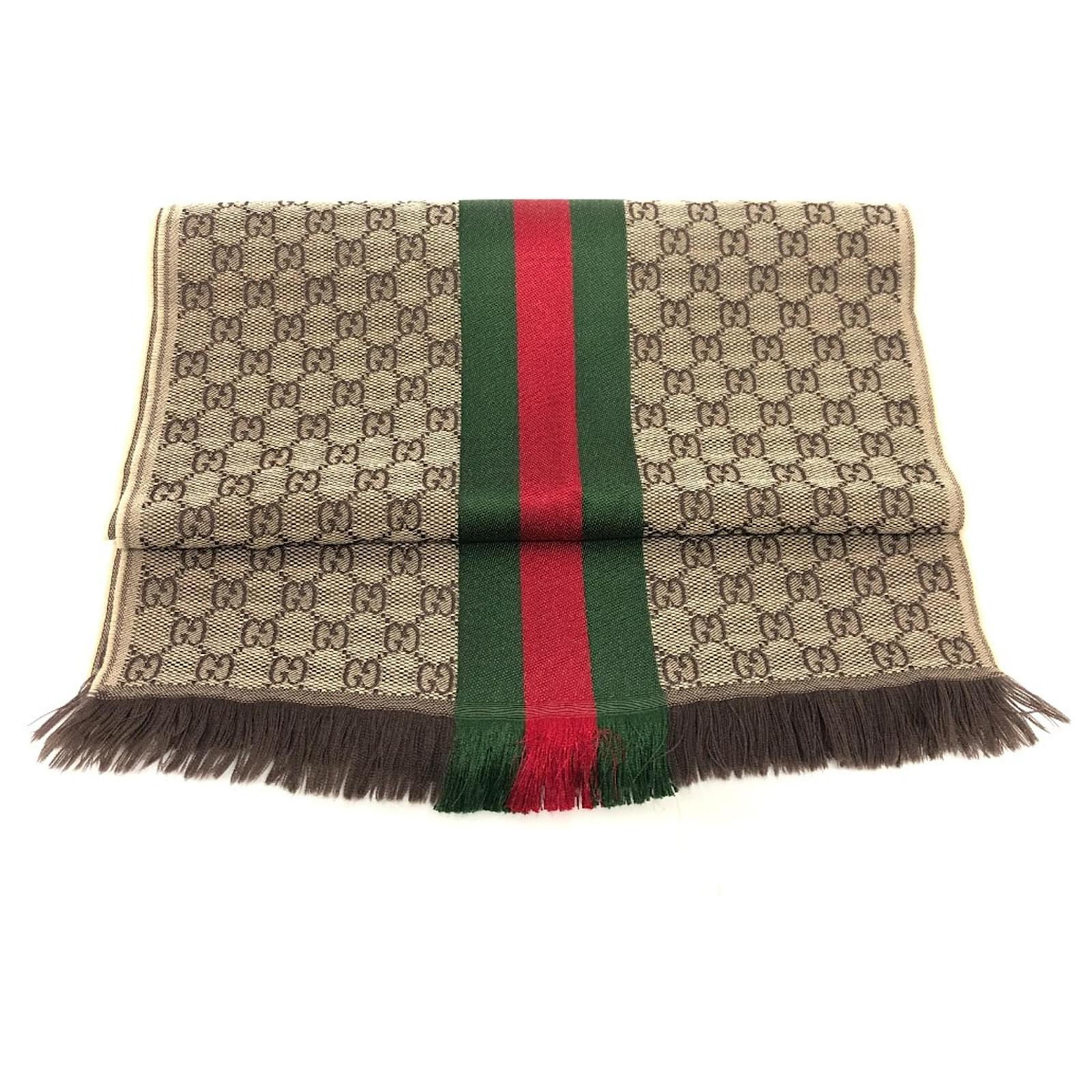 Gucci Web Line GG Jacquard Stole Scarf Beige Cashmere Wool ref