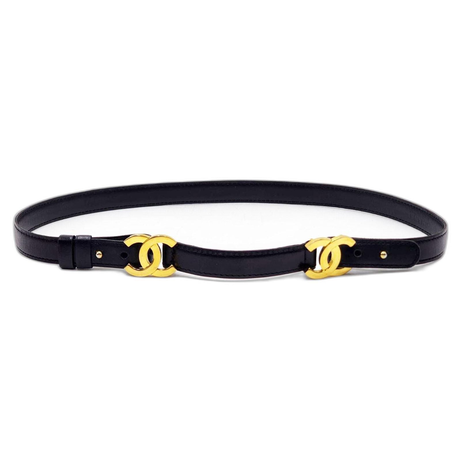 Chanel Black Leather Belt with Gold-Tone Interlocking CC Logo Chanel Black Leather CC Logo Buckle Wide Belt 75CM Chanel  main image 2