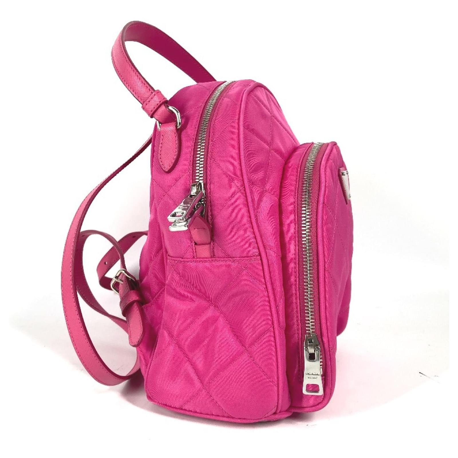 Saffiano Prada 1BZ066 Triangle Plate Quilted Backpack Pink Leather