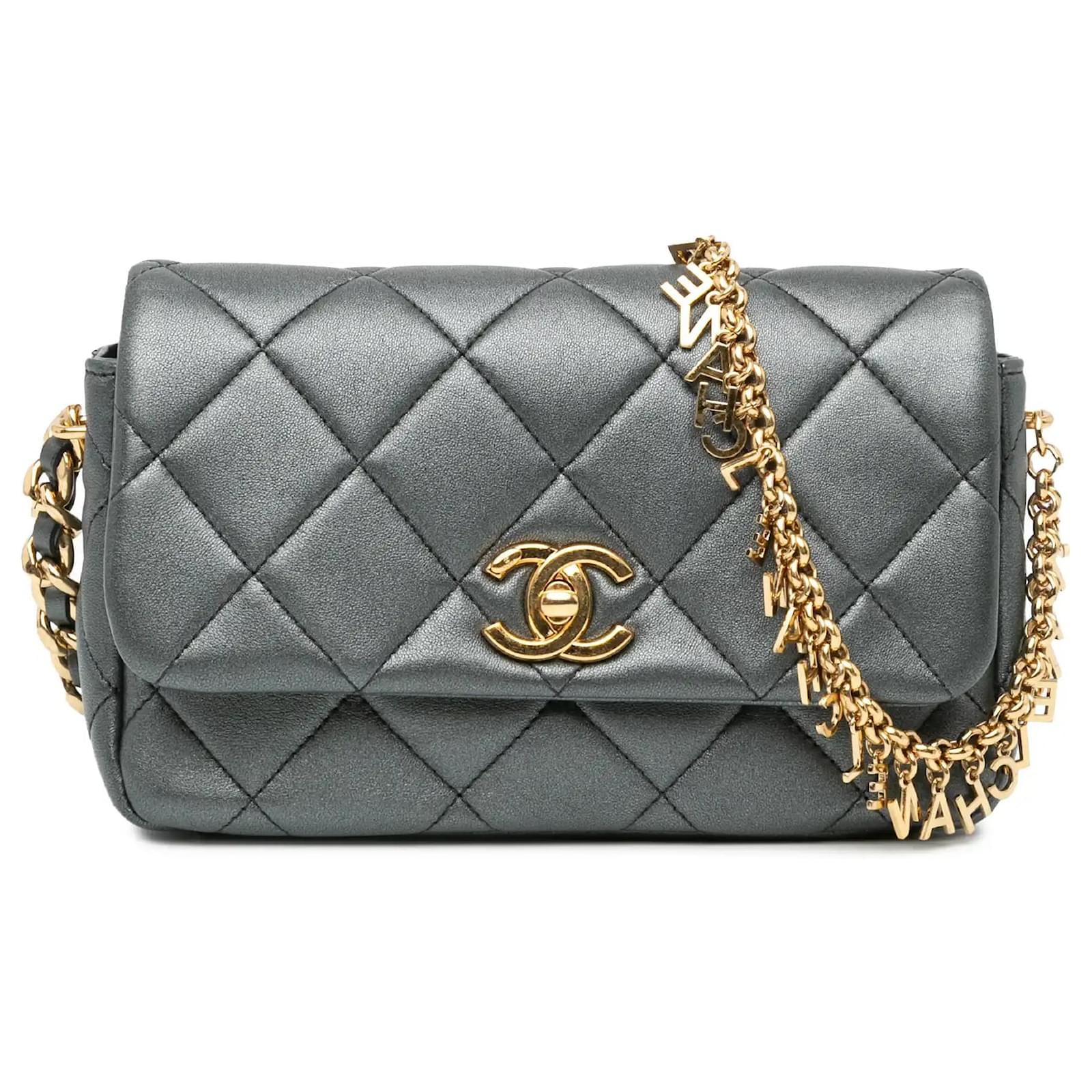 Gray Chanel Quilted Metallic Lambskin Logo Charm Chain Flap