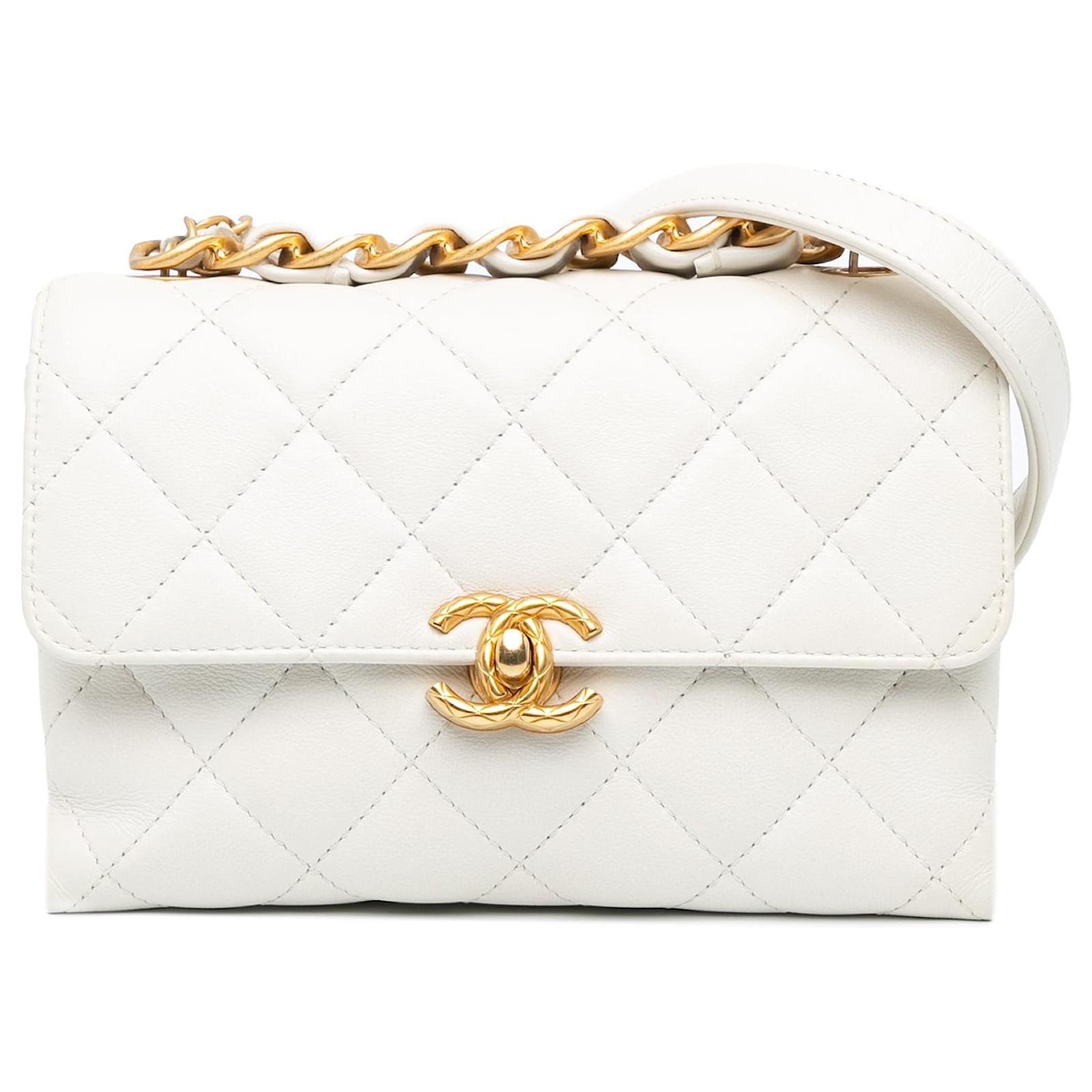 White Chanel CC Quilted Lambskin Flap Satchel Leather ref