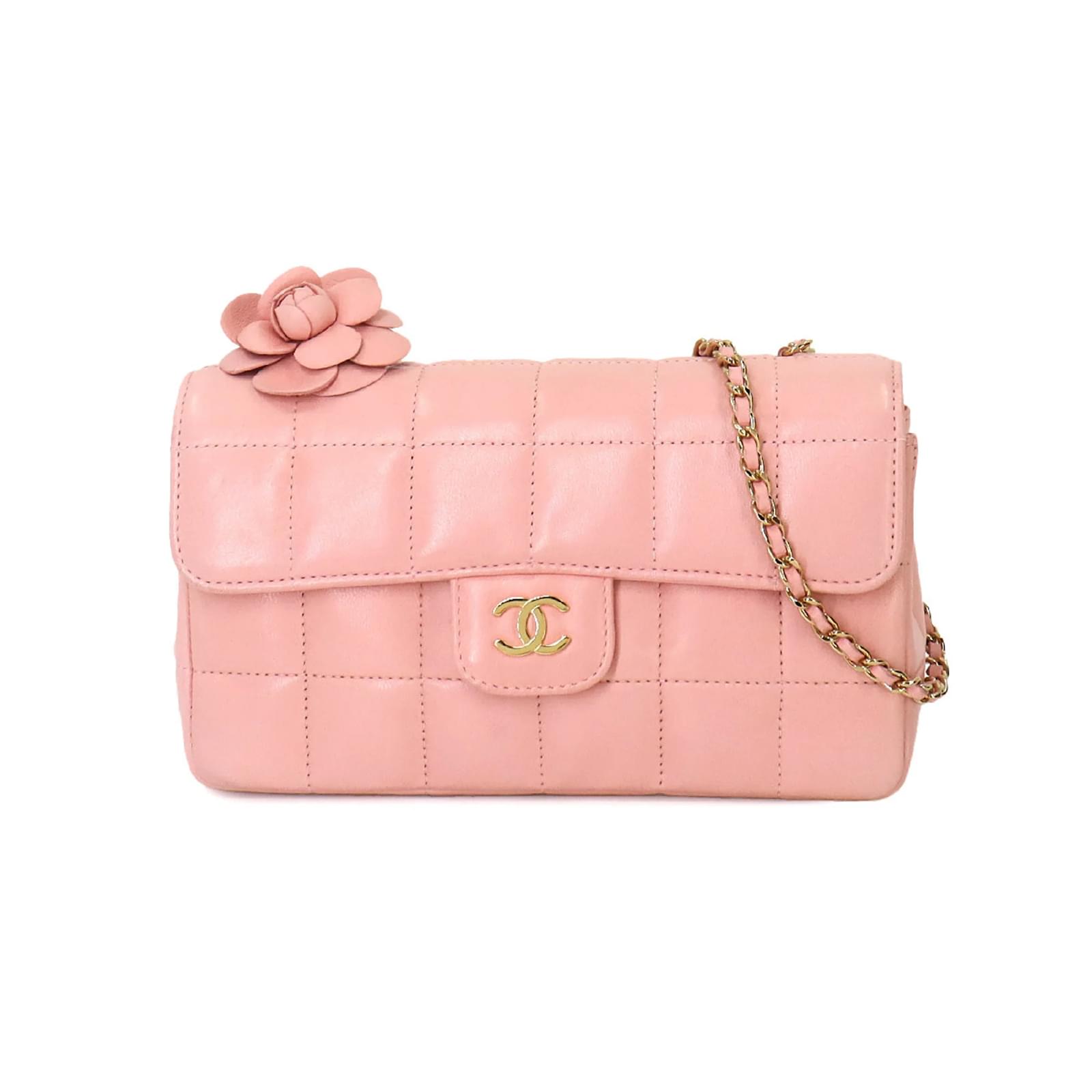 Chanel Camellia Chocolate Bar Chain Shoulder Bag Pink Leather ref