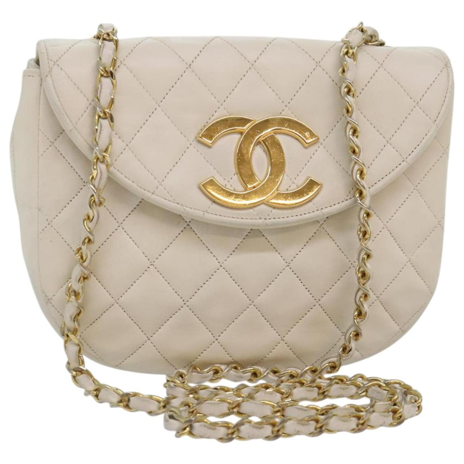 CHANEL Matelasse Big COCO Mark Chain Bag Lamb Skin White Gold CC