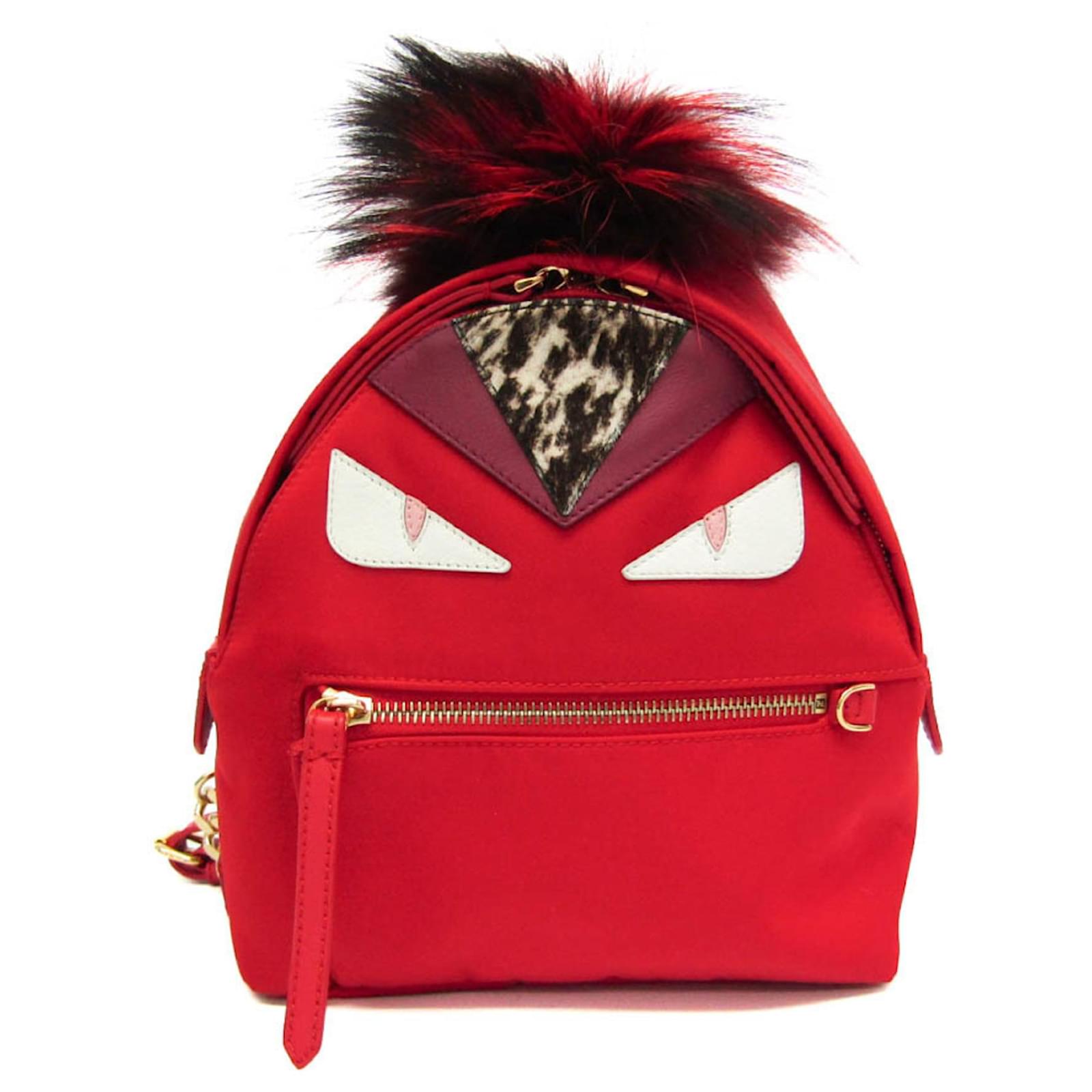 Fendi Bag Bugs 8BZ038 Women s Backpack Red Leather Fur Nylon ref.1727100 Joli Closet