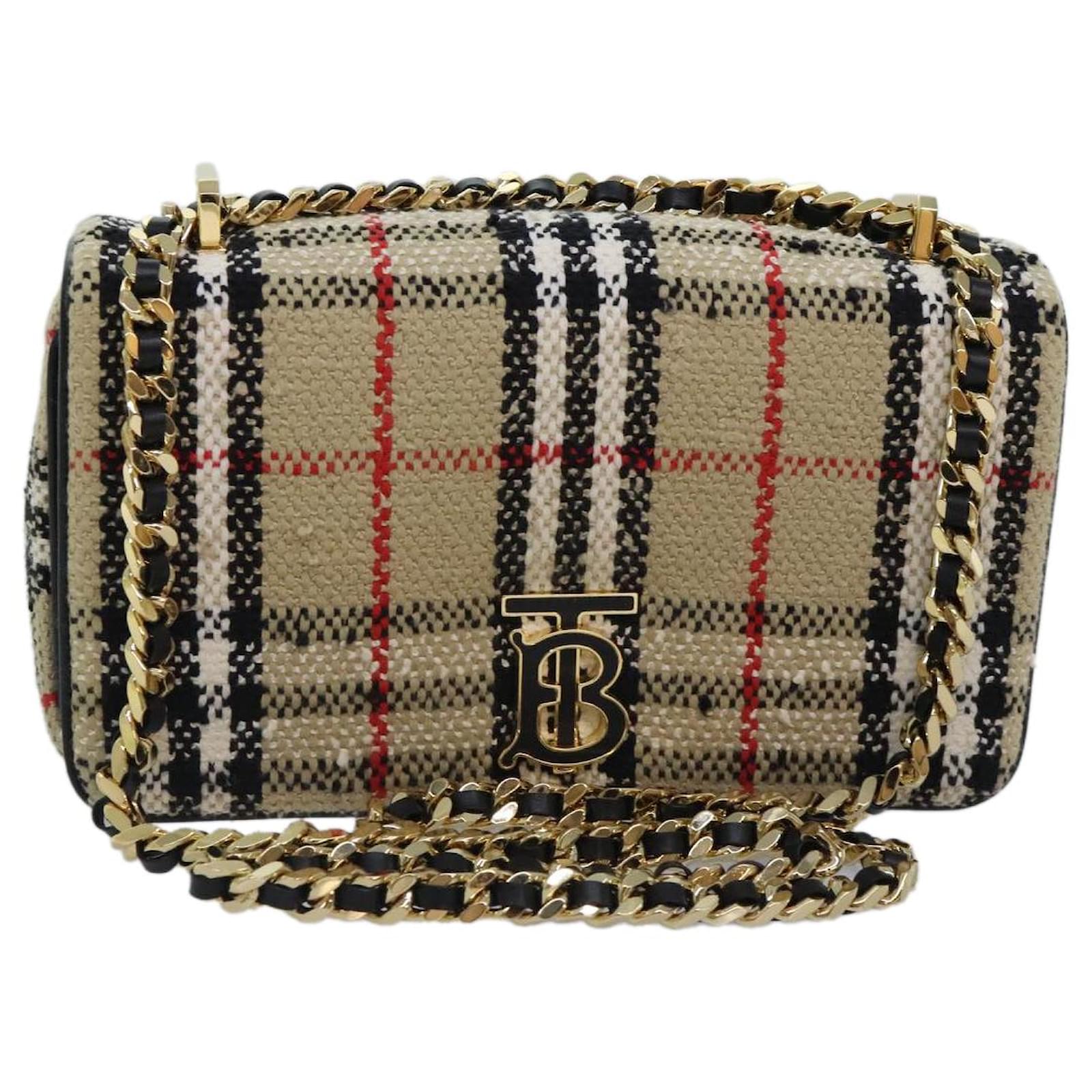 BURBERRY Nova Check Chain Shoulder Bag Canvas Gold Beige Auth