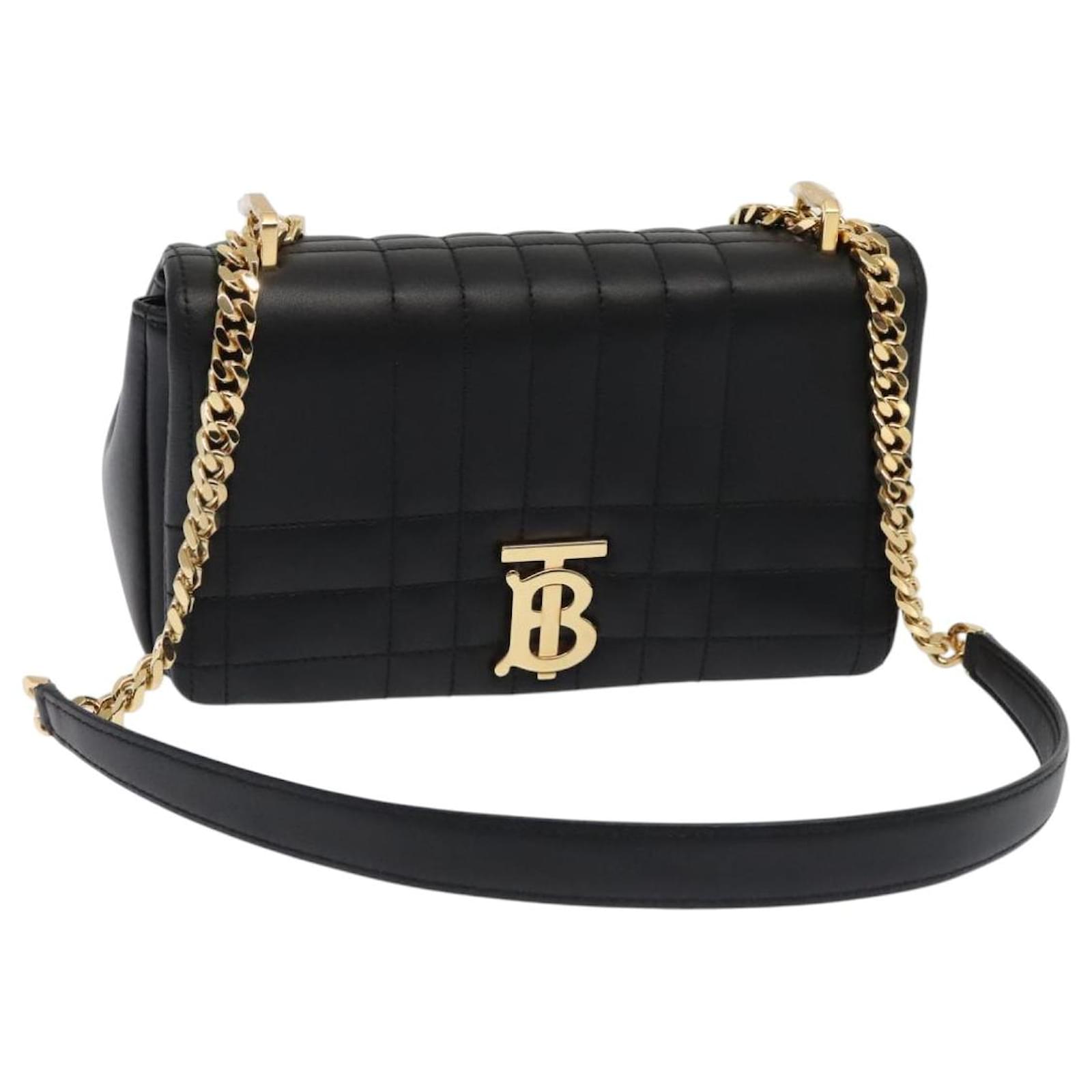 BURBERRY Roller Chain Shoulder Bag Leather Black Gold Auth