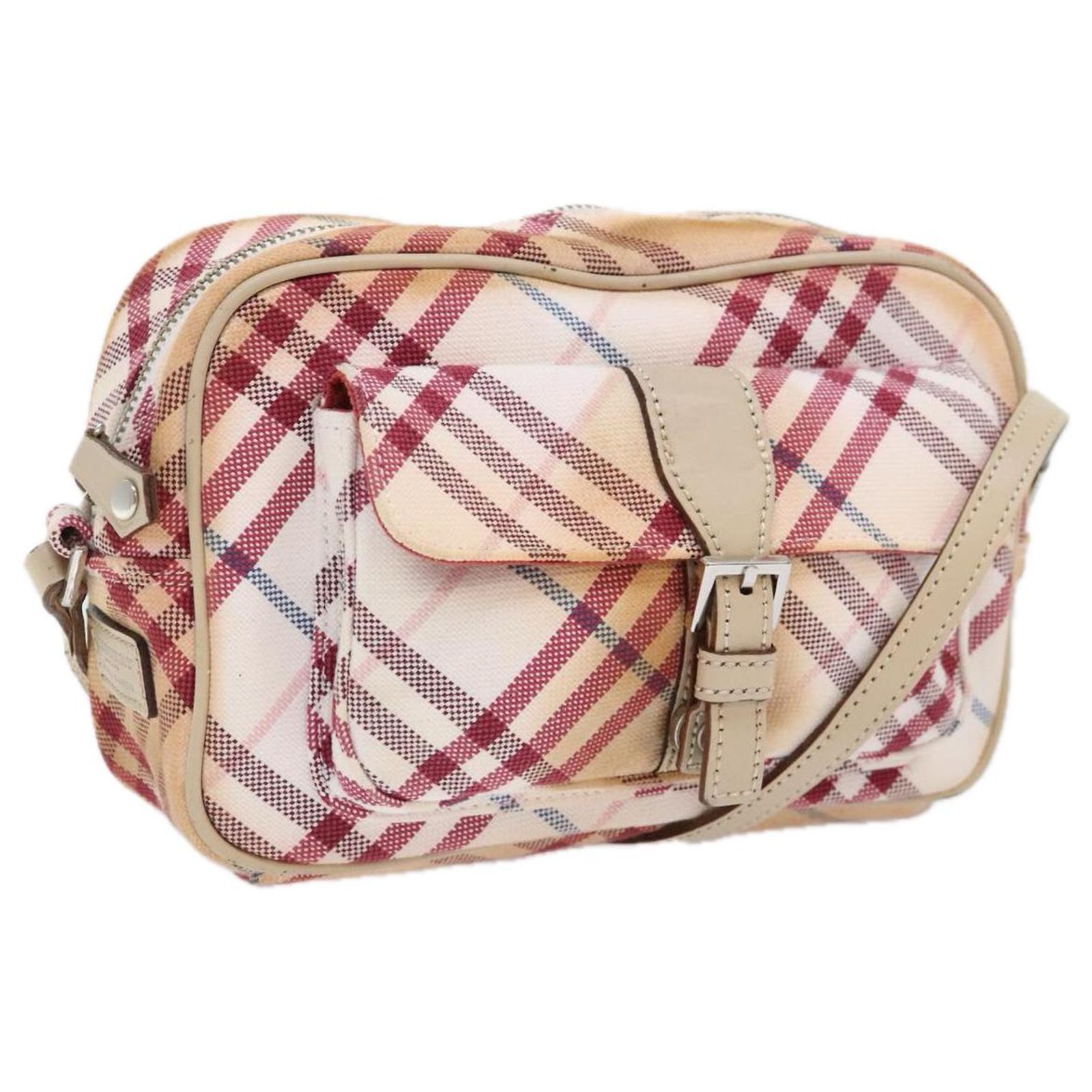 BURBERRY Nova Check Blue Label Shoulder Bag Canvas White Red Auth 