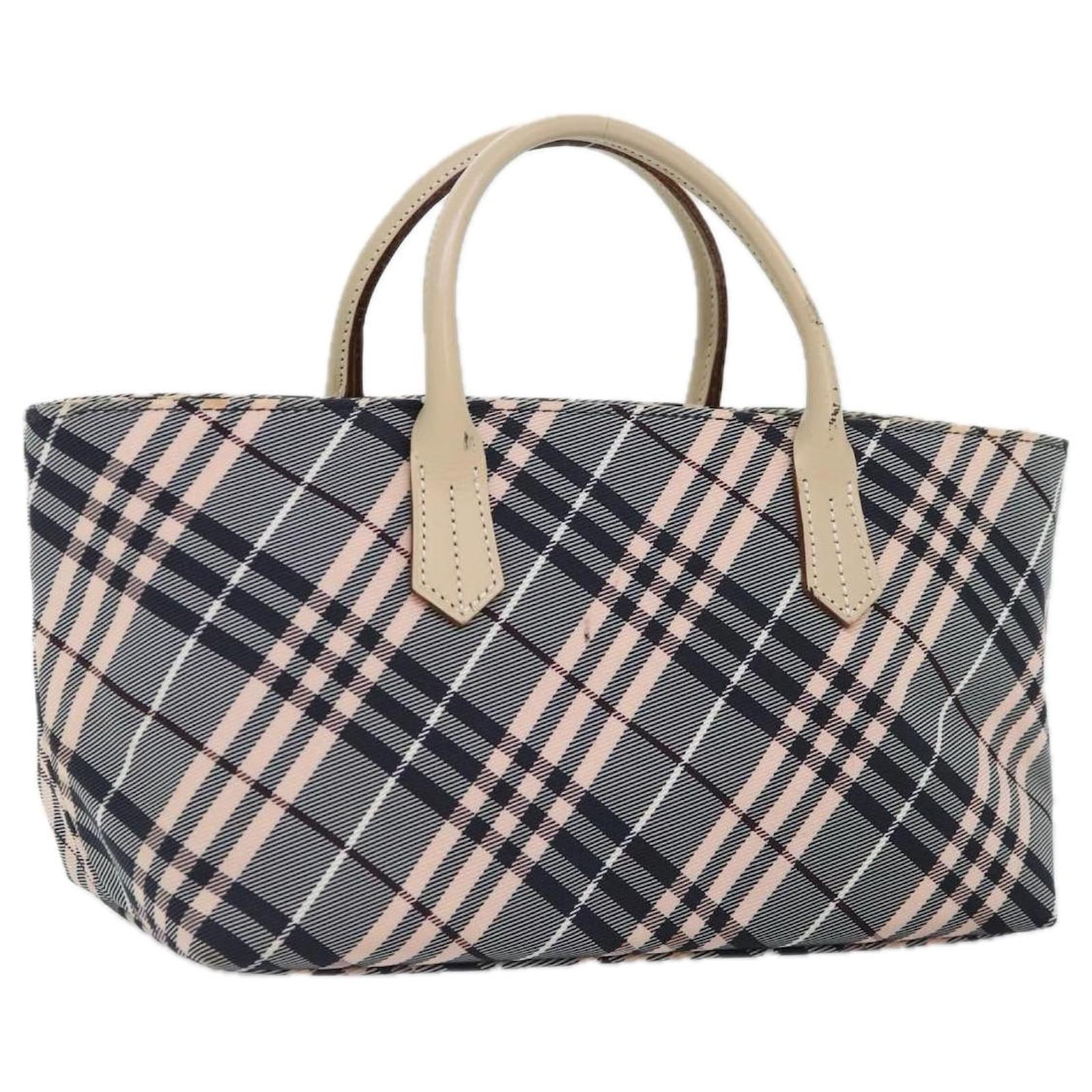 BURBERRY Nova Check Blue Label Hand Bag Nylon Gray Pink Auth