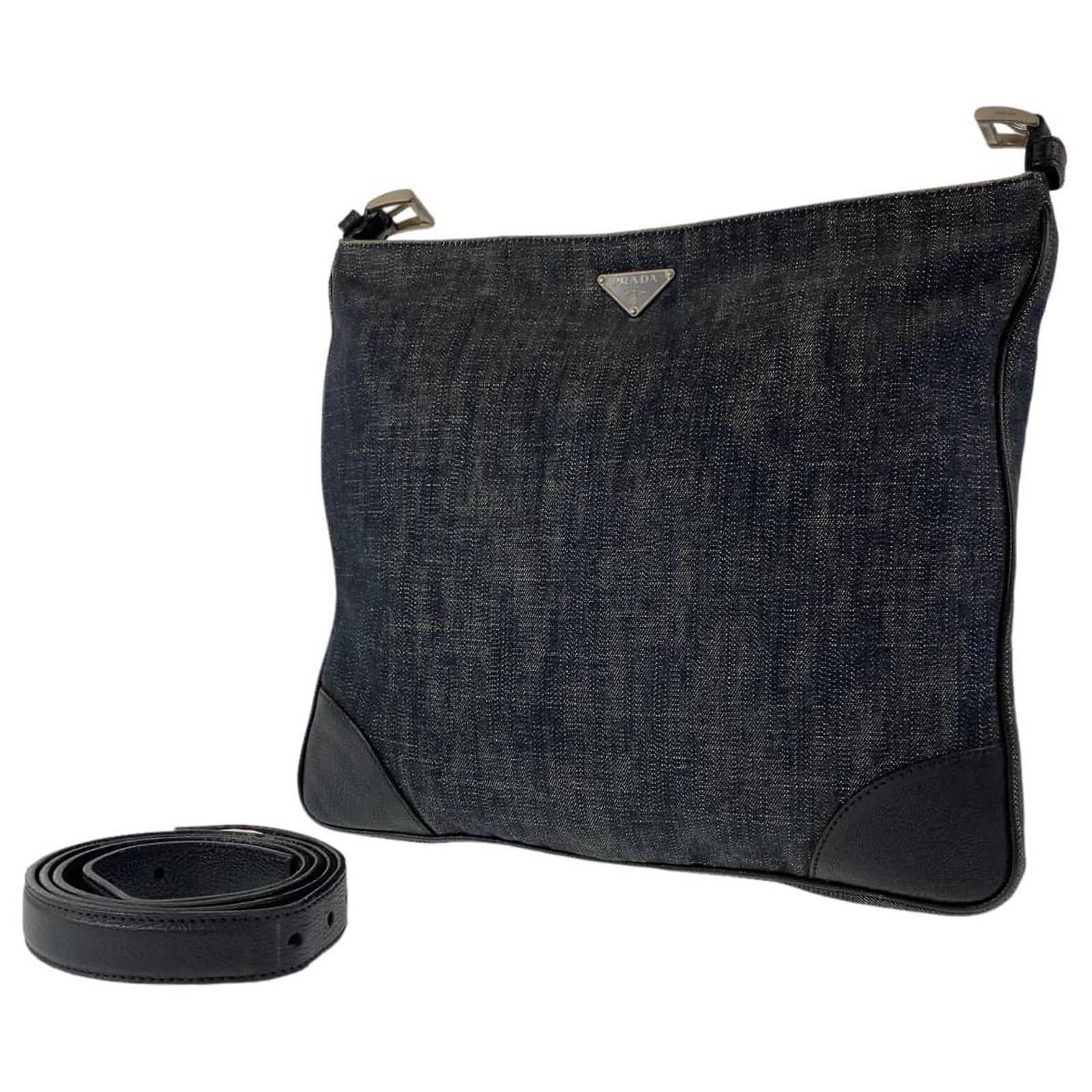 Prada Denim Leather Triangle Logo Shoulder Bag Blue ref.JC1735974 