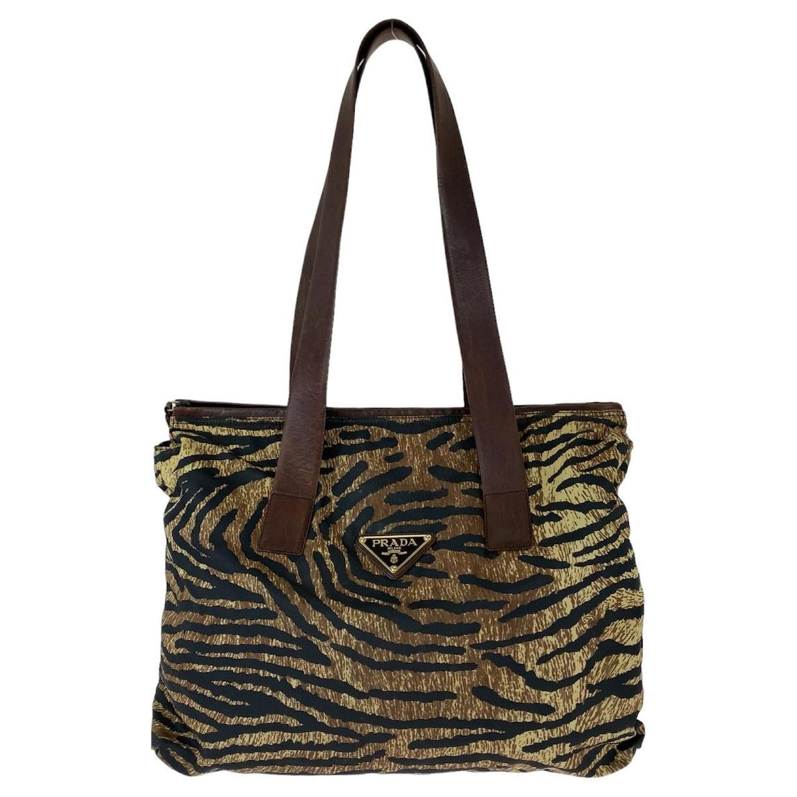 Prada Tiger Print Nylon Leather Tote Bag Brown Cloth ref.1736472 Joli Closet