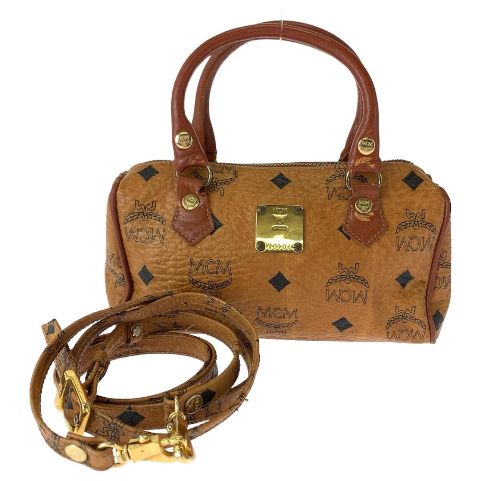 MCM Visetos Leather 2way Mini Boston Shoulder Bag Brown ref