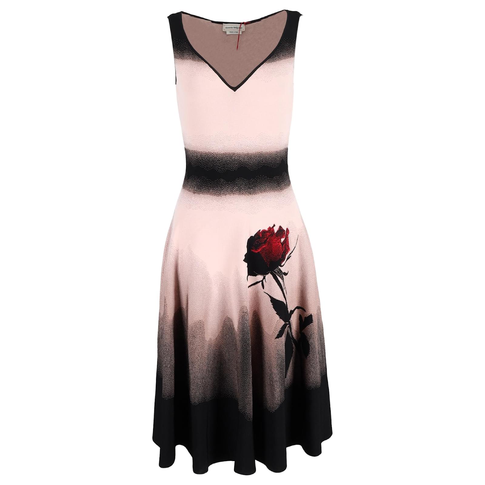 Alexander Mcqueen Rose Print Midi Sleeveless A-Line Dress in