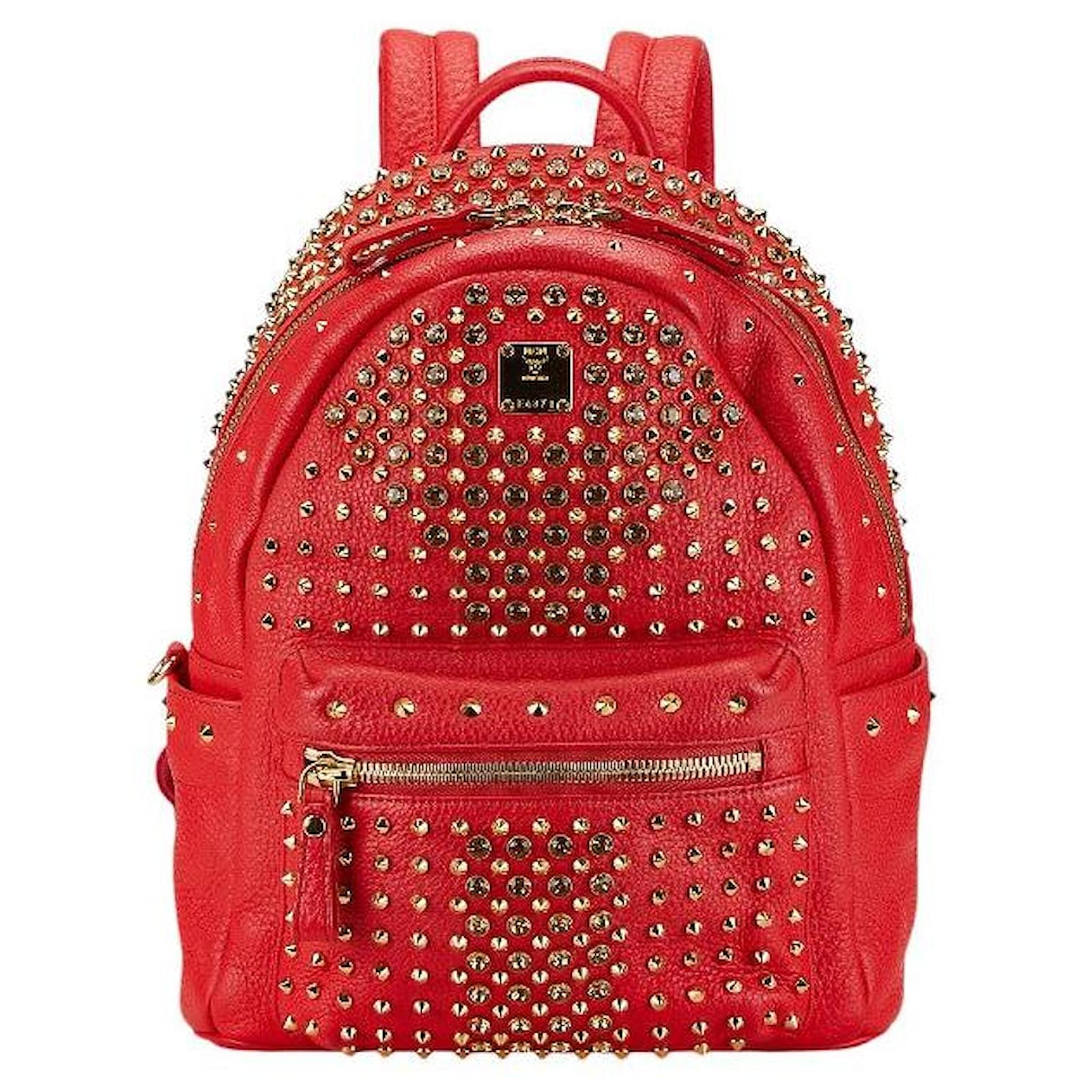 Mcm red studded backpack best sale