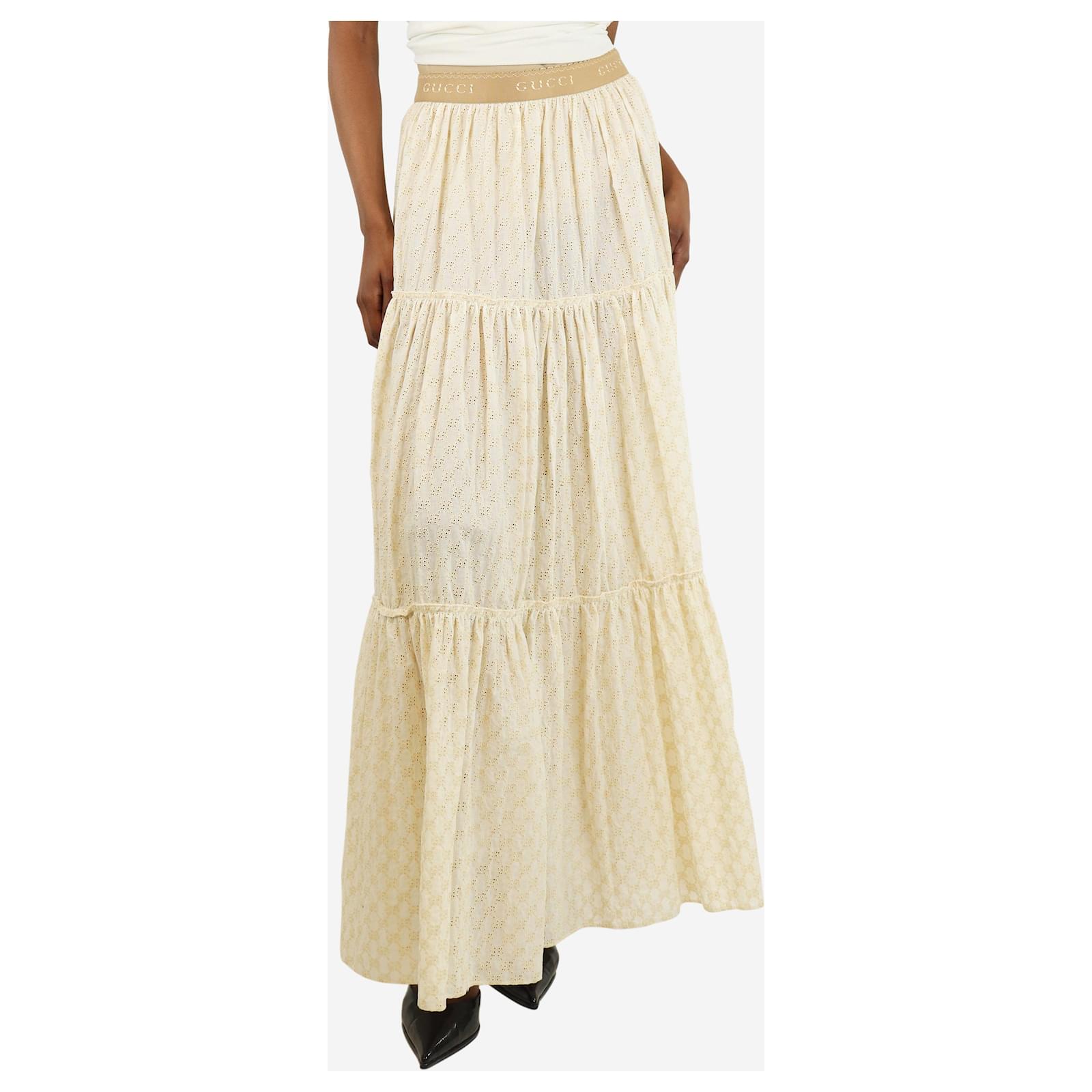 スカート GUCCI FLORAL BRODERIE ANGLAISE SKIRT WITH DOUBLE G Double G floral broderie anglaise skirt in ivory | GUCCI® SG
