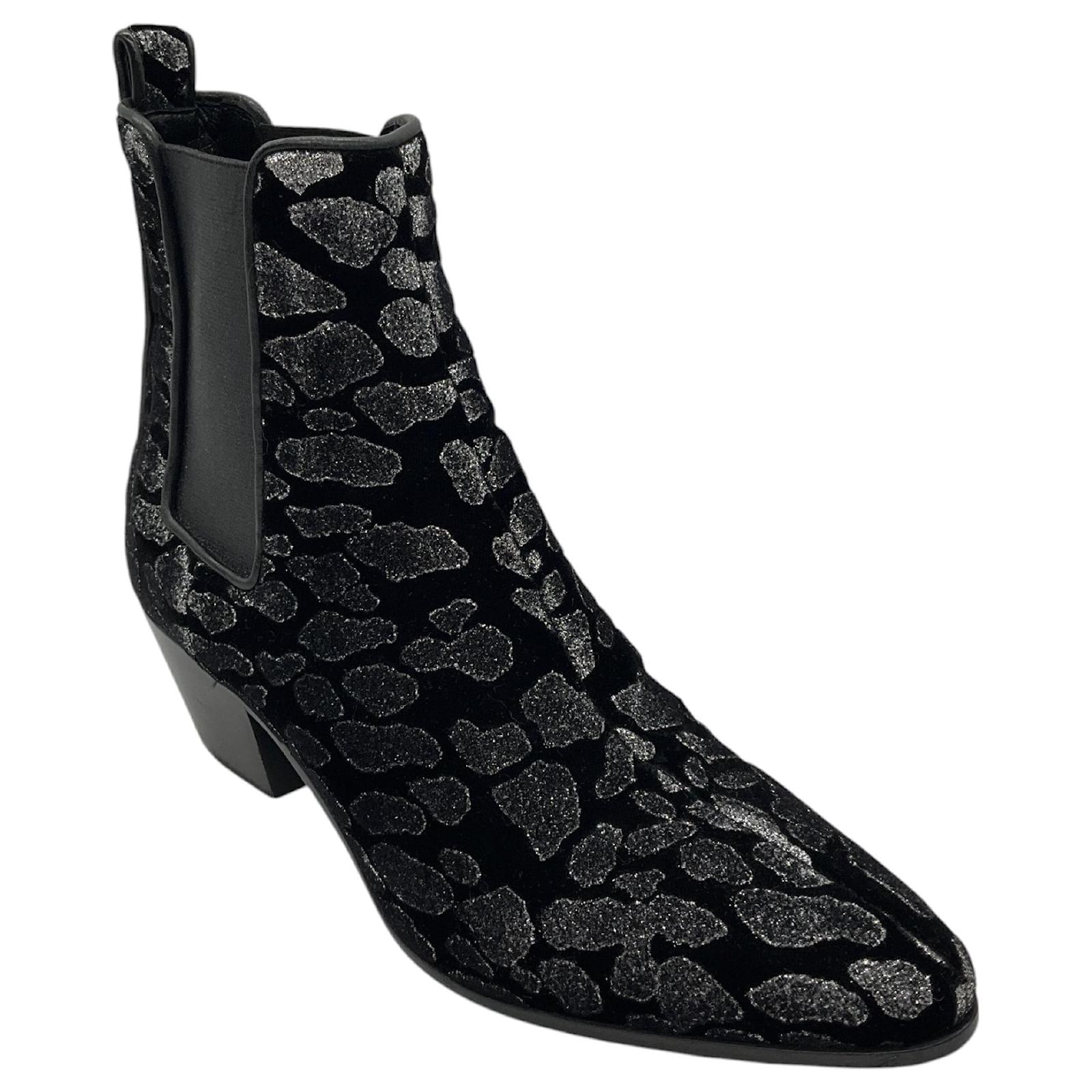 Schwarze Glitzer-Leopardenvelours-Stiefeletten von Saint Laurent