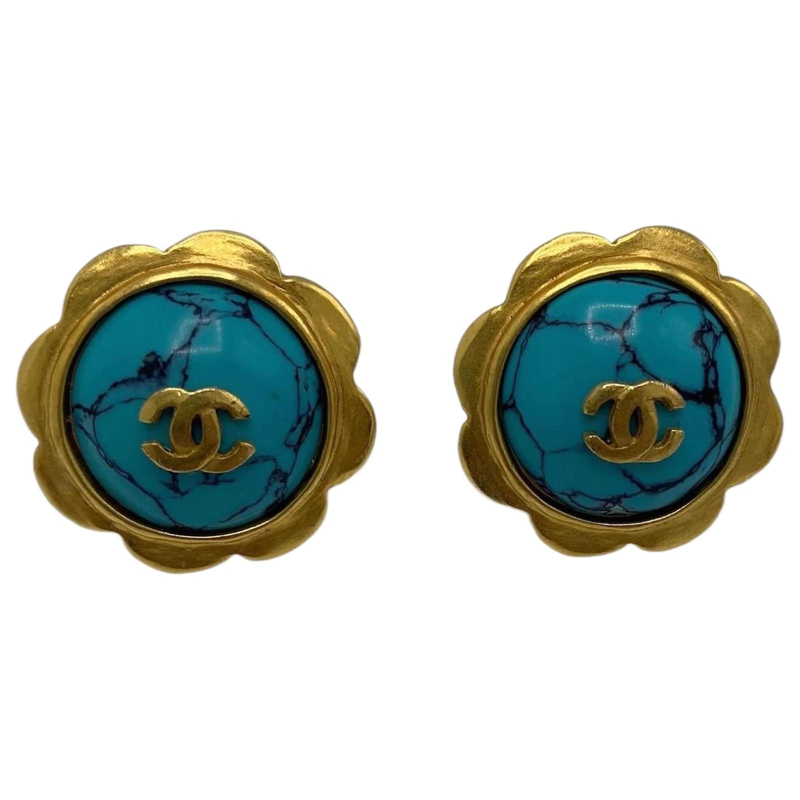 Vintage Chanel 1997 Turquoise Marble Gold Plated Clip-On