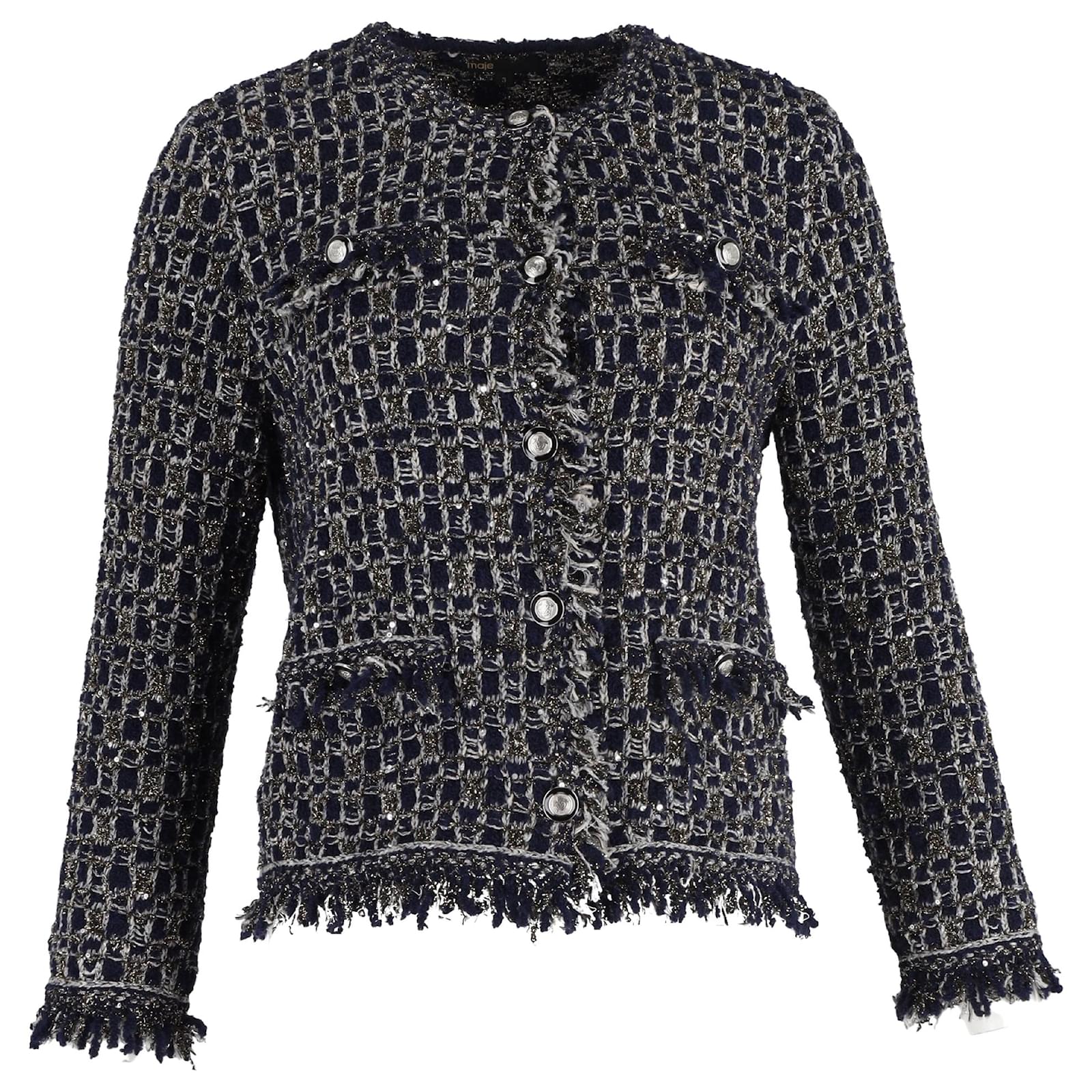 Maje Mimir Fancy Lurex Knit Cardigan In Navy Blue Tweed Wool ref.1752103 Joli Closet