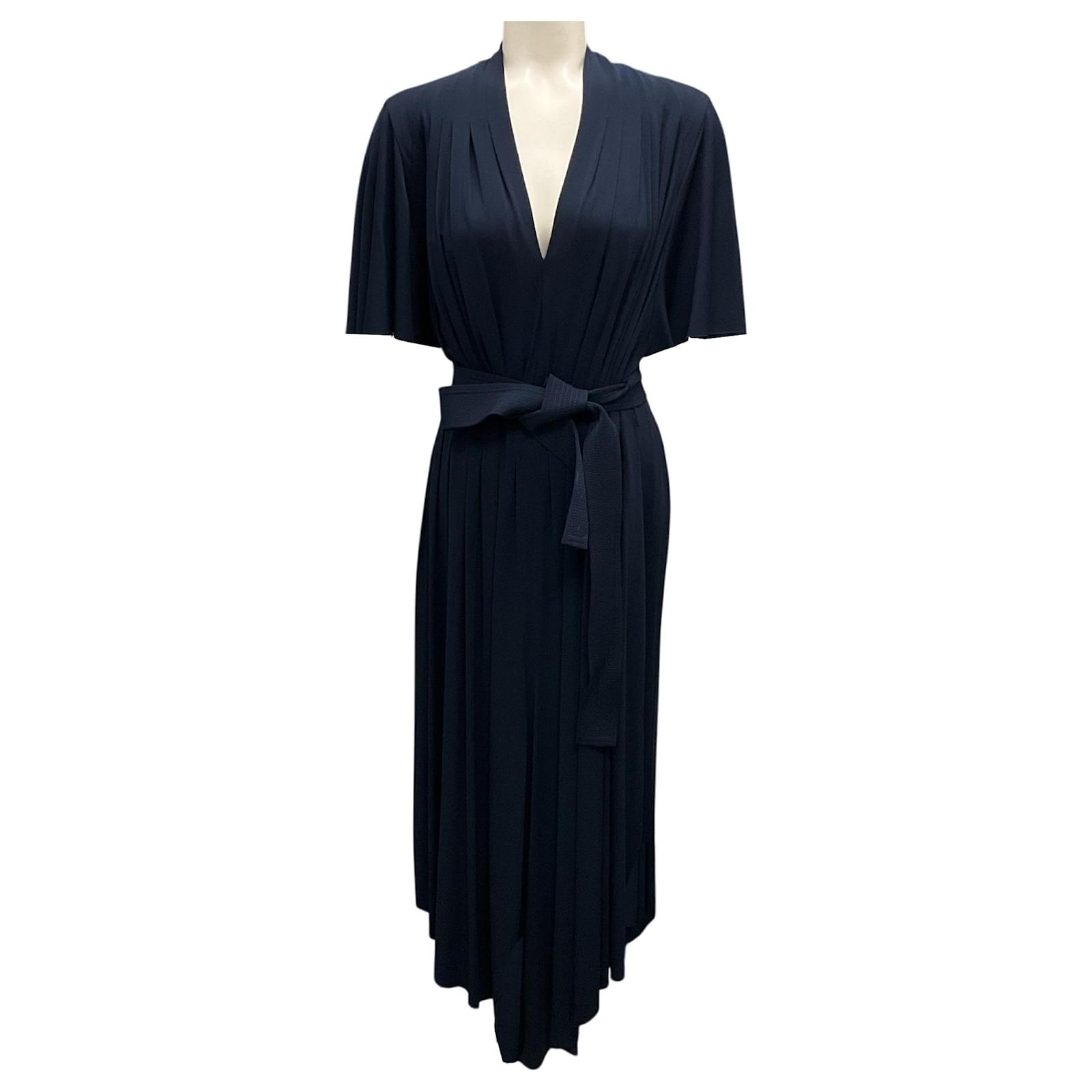 Navy asymmetric neck pleated wrap midi dress best sale