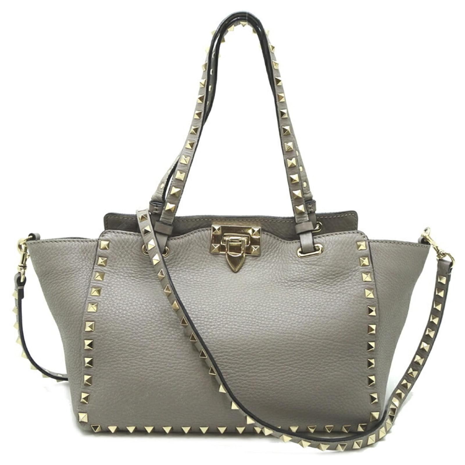 Valentino Garavani Rockstud Tote Shoulder Bag Brown Leather
