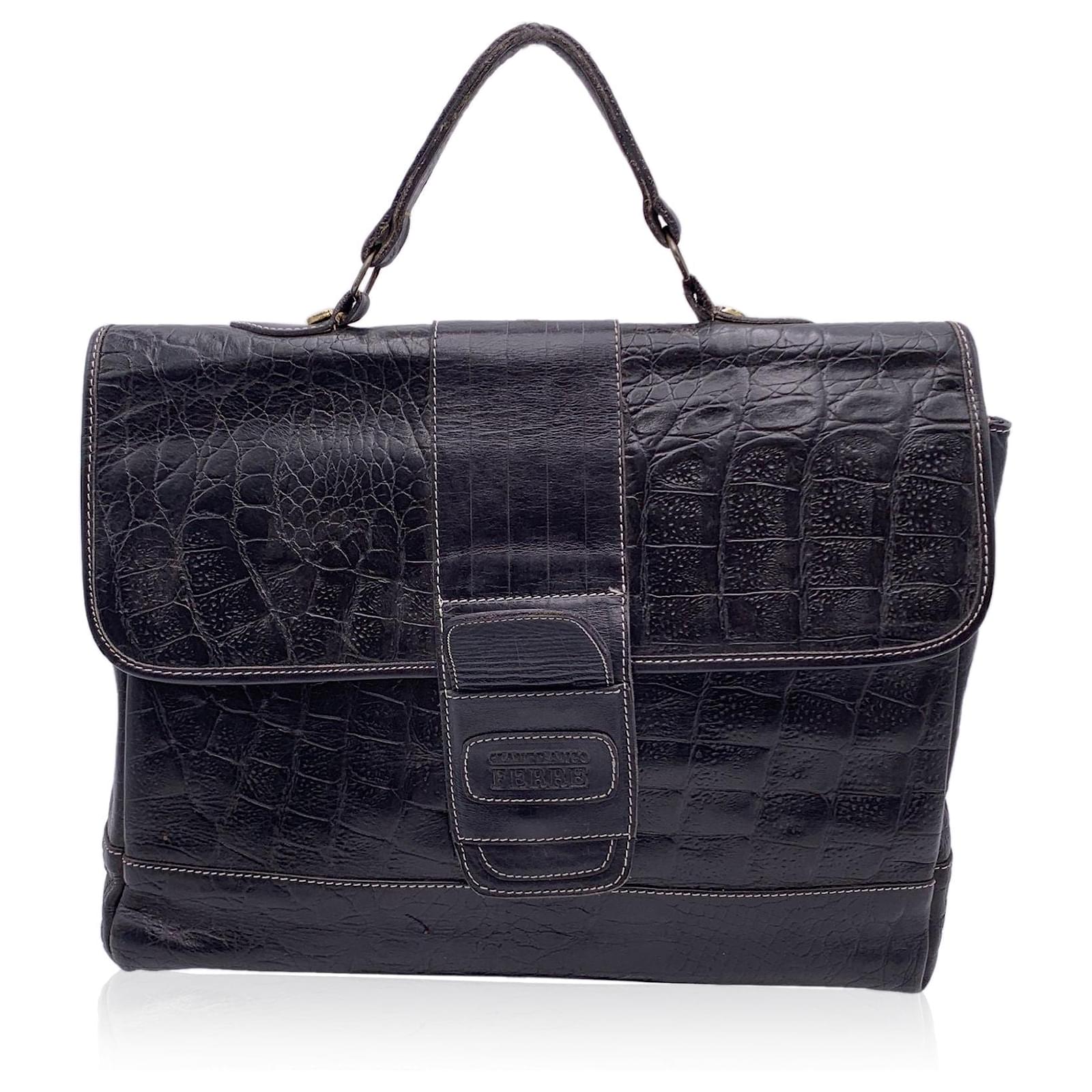 Gianfranco Ferré Vintage Black Embossed Leather Satchel Bag ref