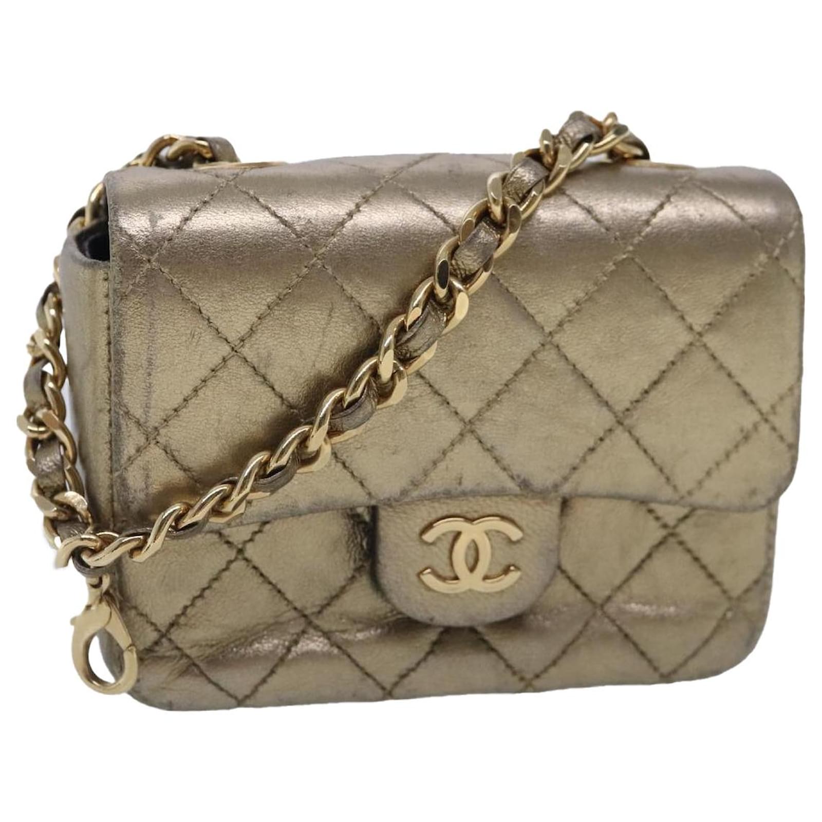 CHANEL Mini Mini Matelasse Chain Pouch Lamb Skin Gold CC Auth