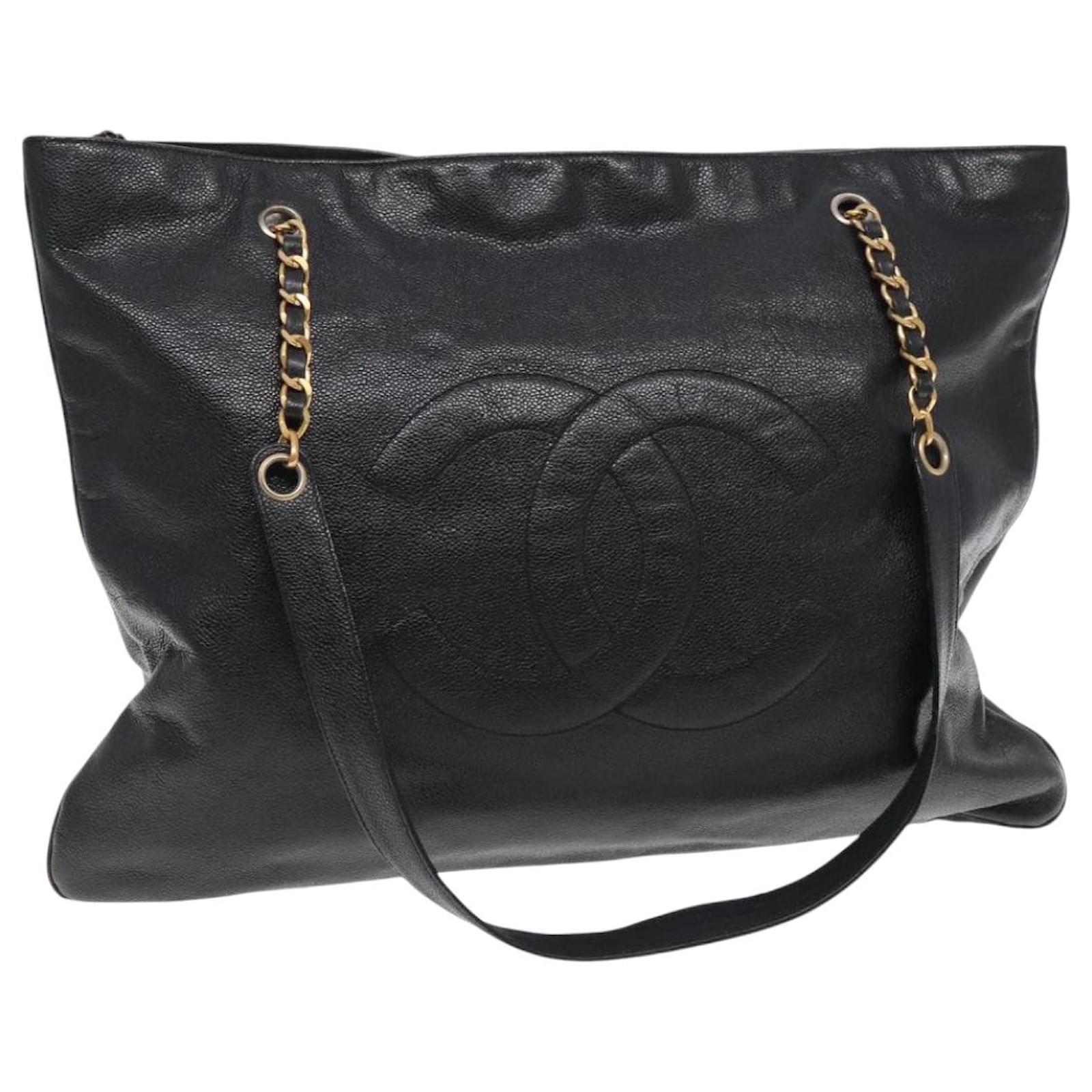 CHANEL COCO Mark Chain Tote Bag Caviar Skin Black Gold CC Auth