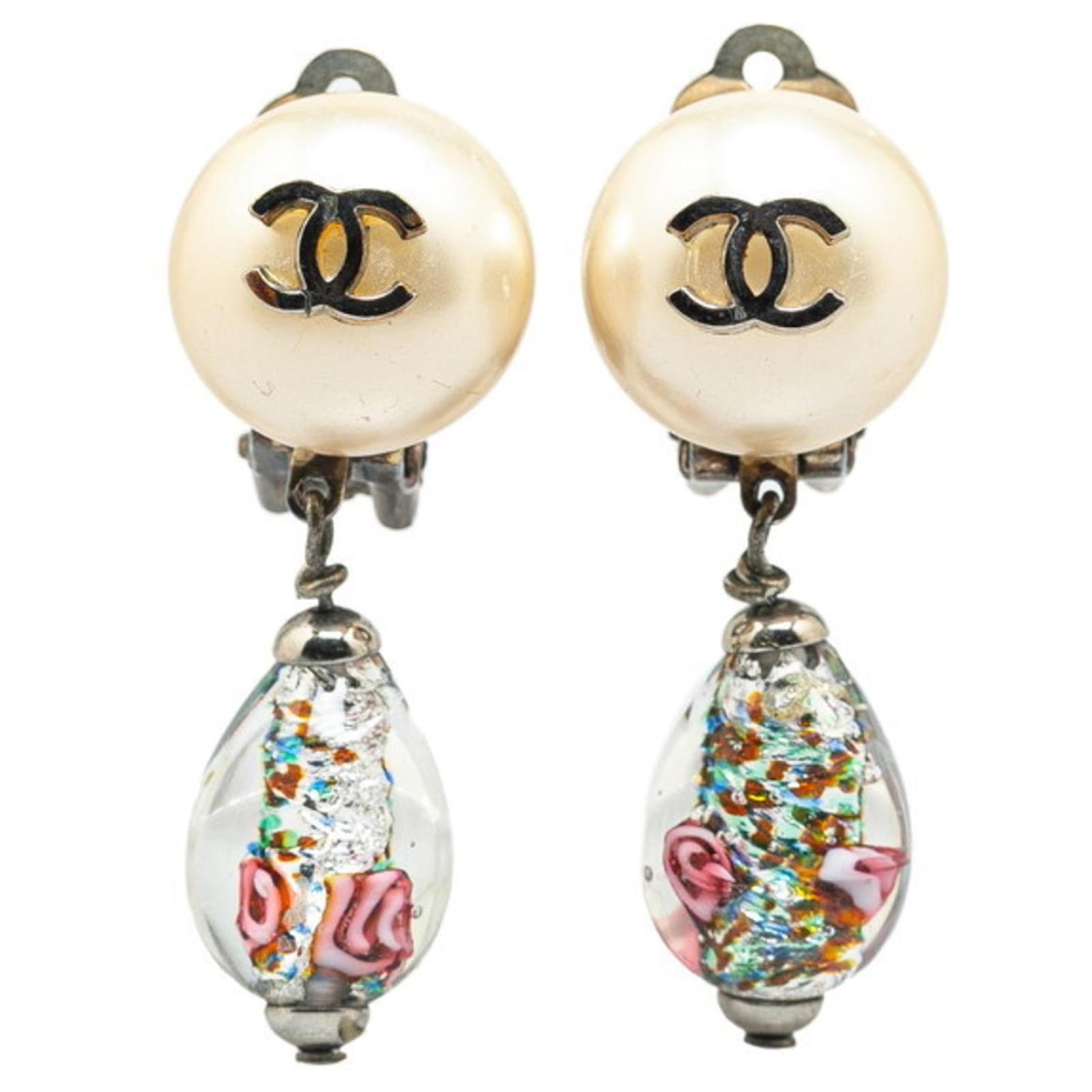 Chanel Coco Mark Faux Pearl Drop Earrings Silvery Metal ref