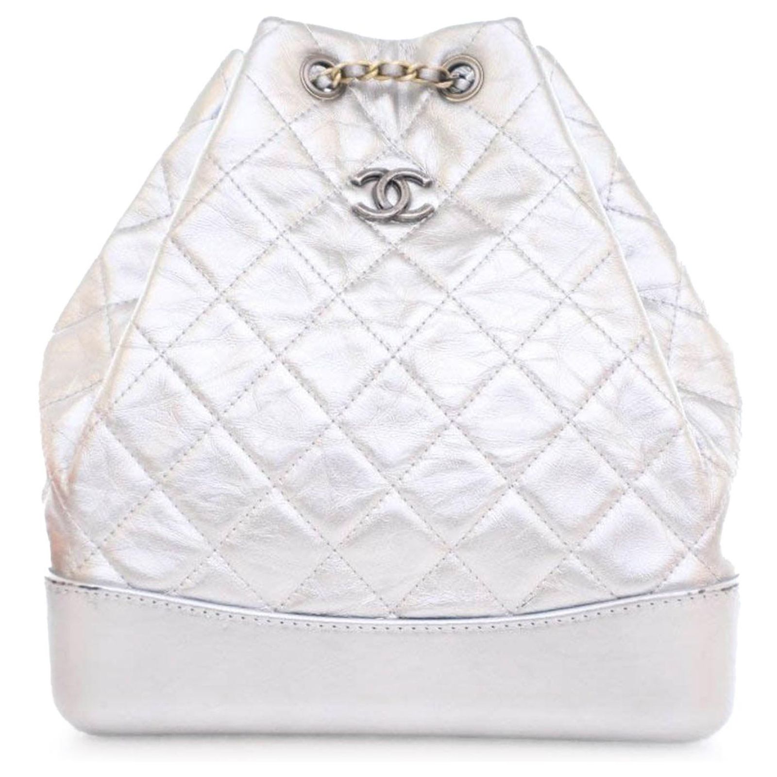 Silver Metallic Drawstring Backpack Silver Chanel Metallic Crumpled Calfskin Gabrielle Backpack Silvery ...