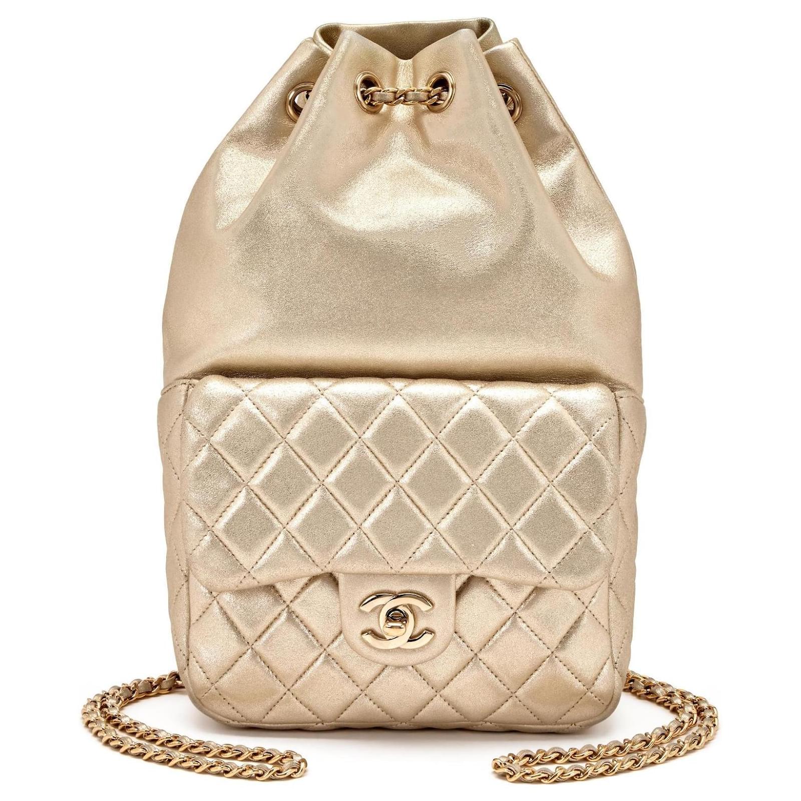 Chanel Metallic Gold Quilted Lambskin Drawstring Backpack Golden