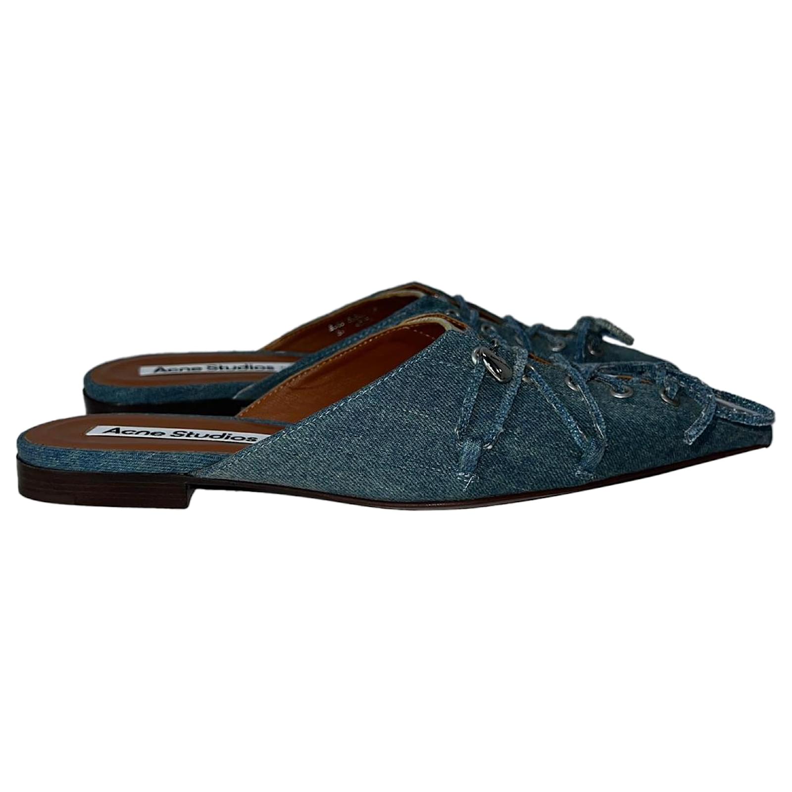 Acne Studios Lace-Up Detail Pointed Flat Mules in Blue Denim Light