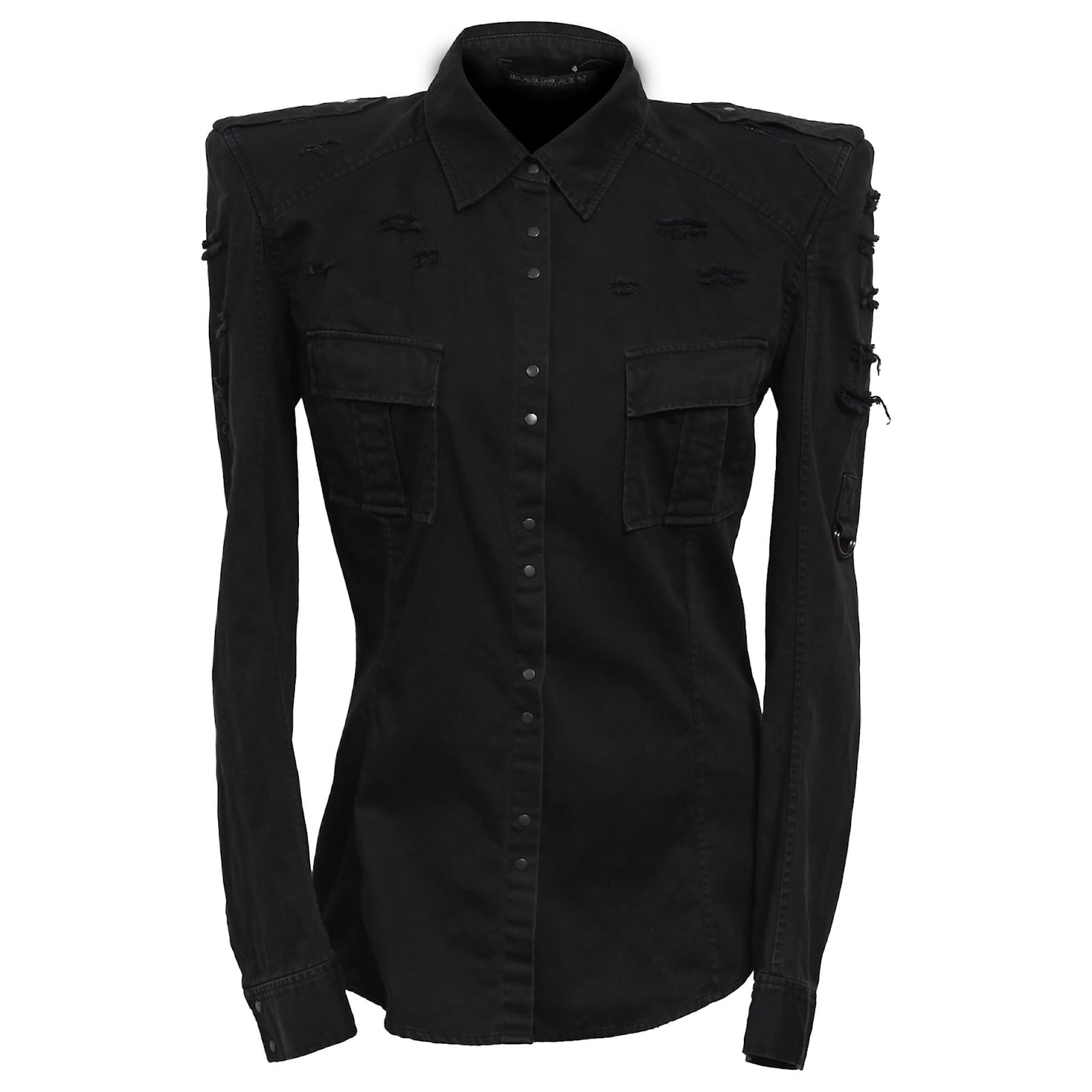 Balmain Distressed Denim Shirt in Black Cotton Joli