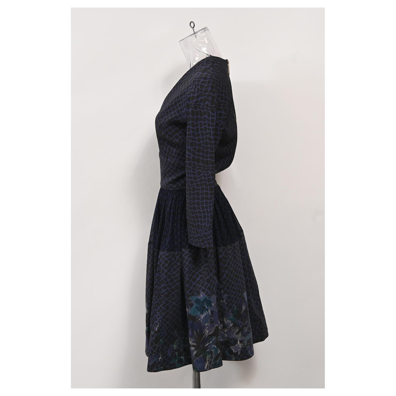 Elie Saab Printed A-Line Knee Length Dress in Navy Blue Polyester  ref.1784177 - Joli Closet