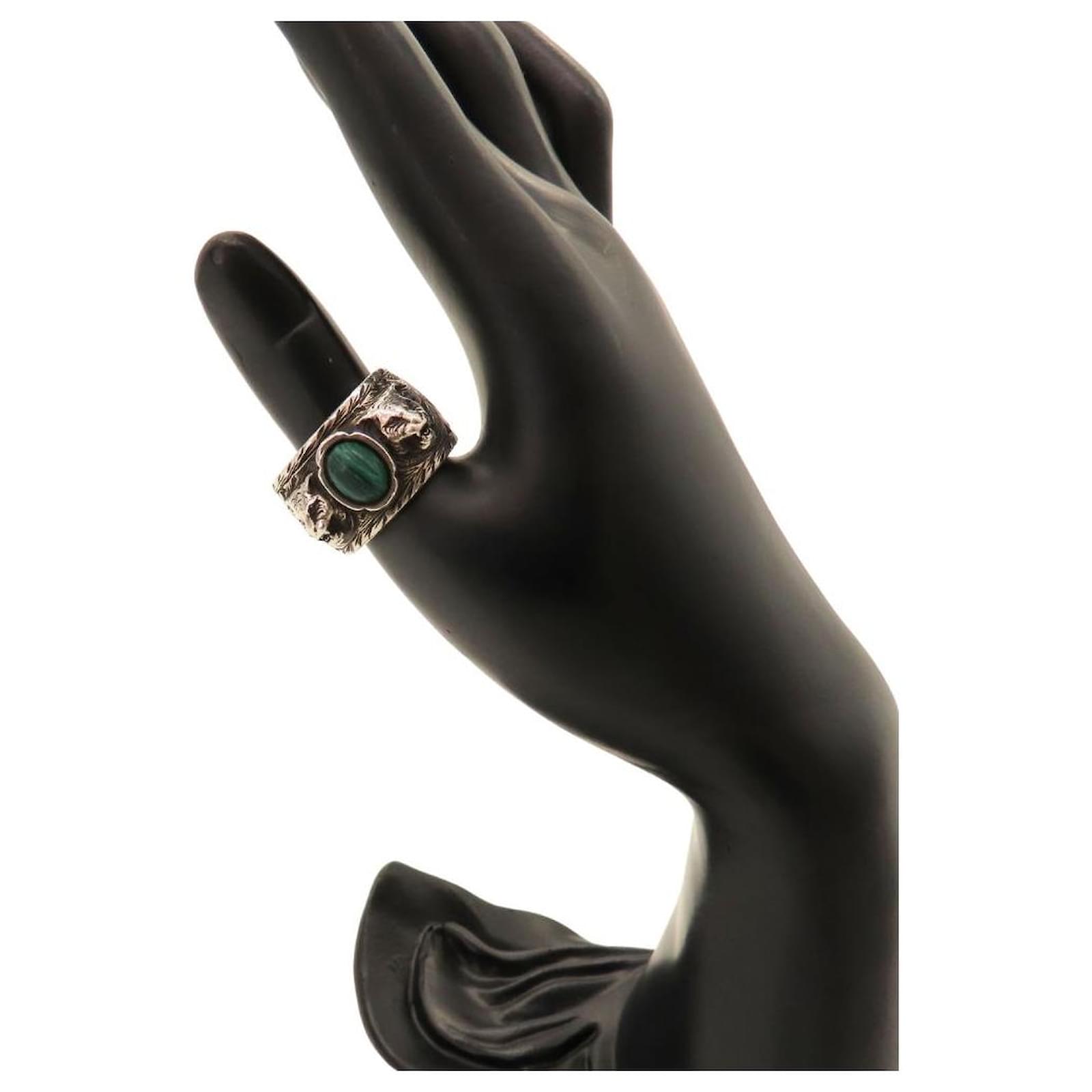 Gucci Silver Malachite Tiger Head Ring 18 Silvery Metallic Metal