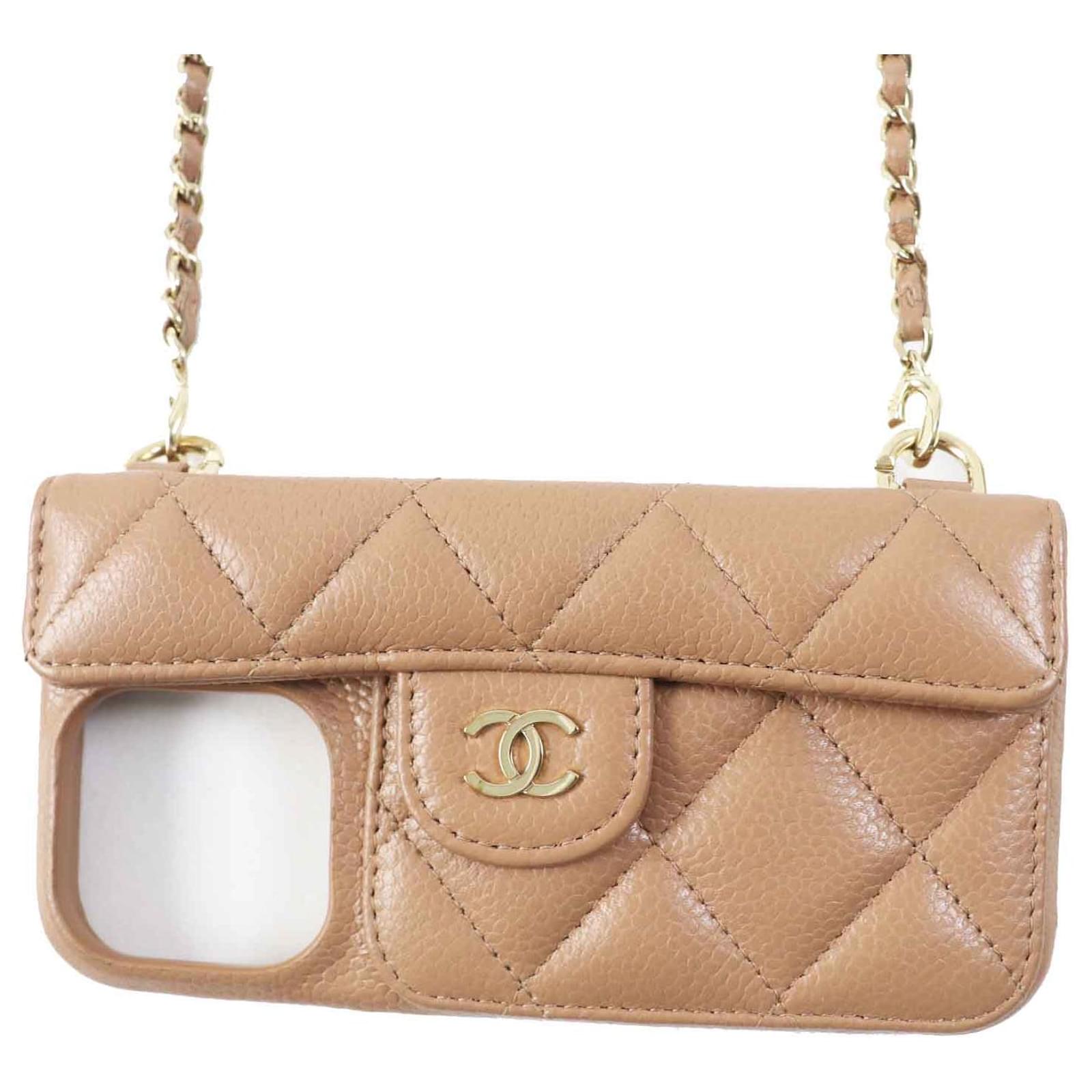 Chanel iPhone 14 Pro Caviar Skin Case with Chain Brown Leather ref