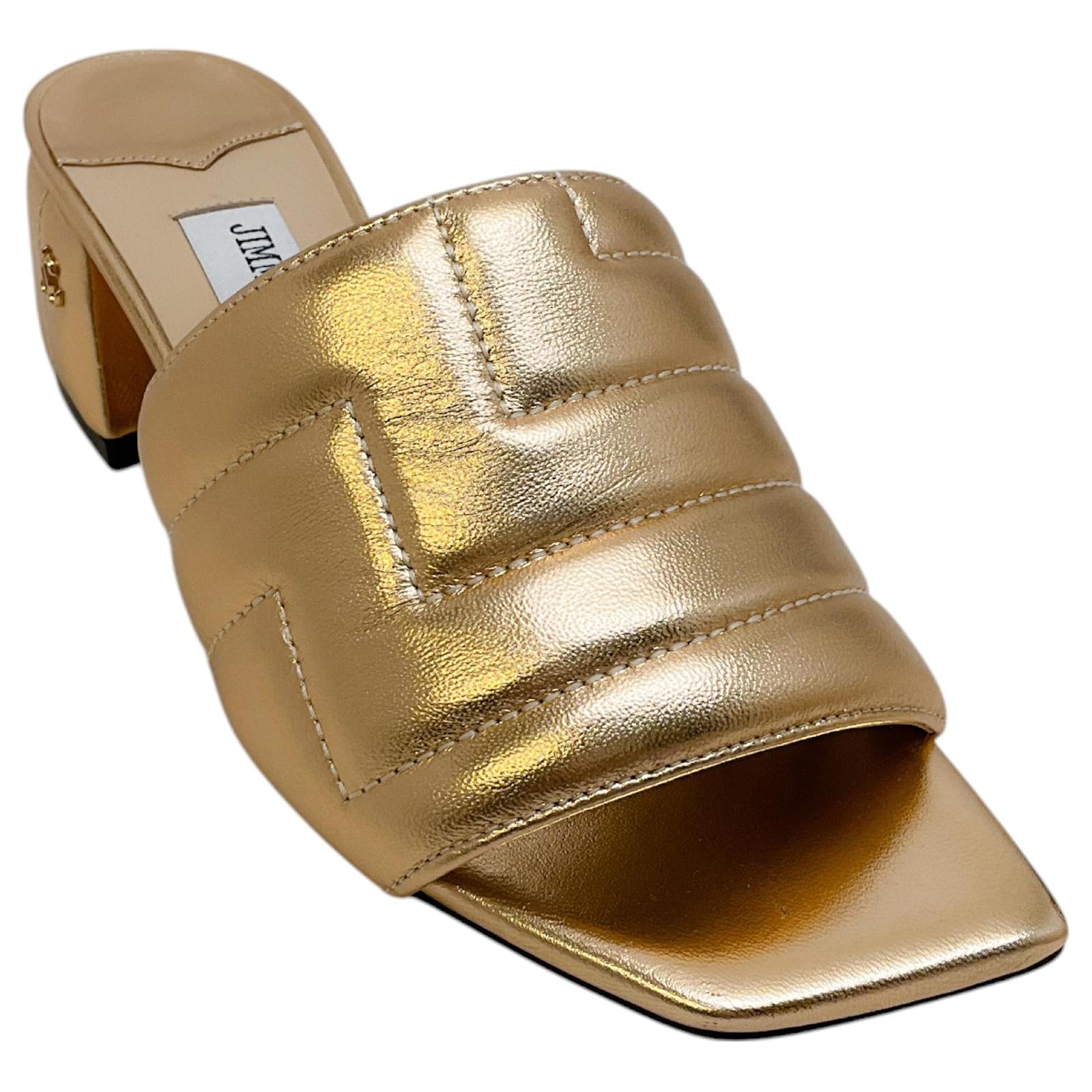 Jimmy Choo Gold Quilted Leather Themis Slide Sandals Golden