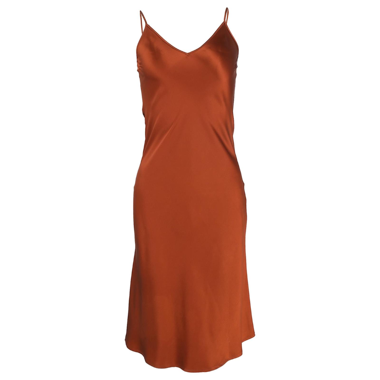 Joseph Clea Midi V-neck Slip Dress in Rust Silk Orange