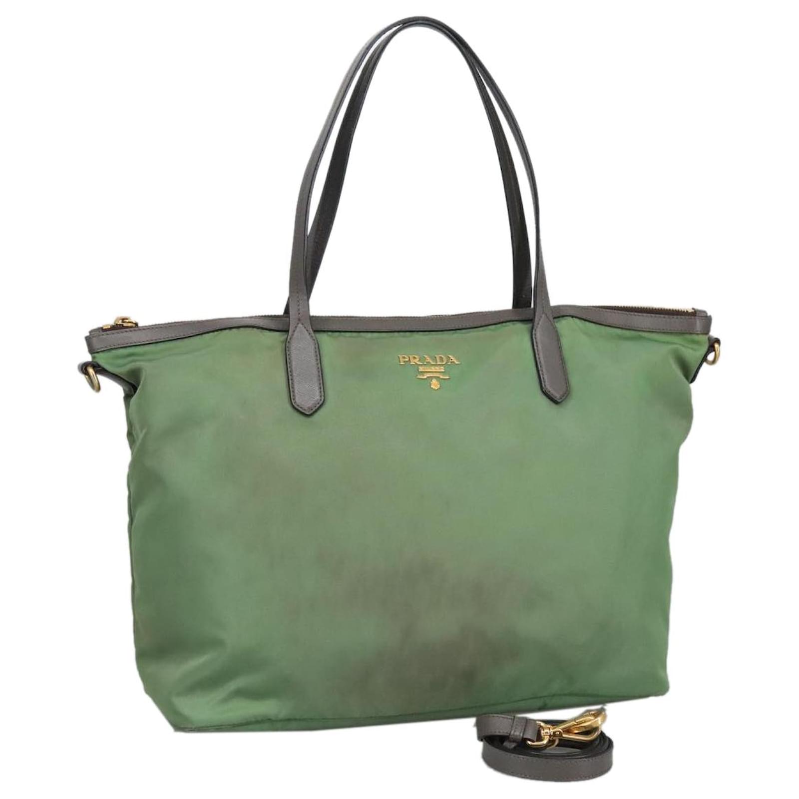 バッグ PRADA Green Nylon Tote Bag Gold Handle PRADA Green Nylon Tote Bag with Gold Handle Triangle Logo