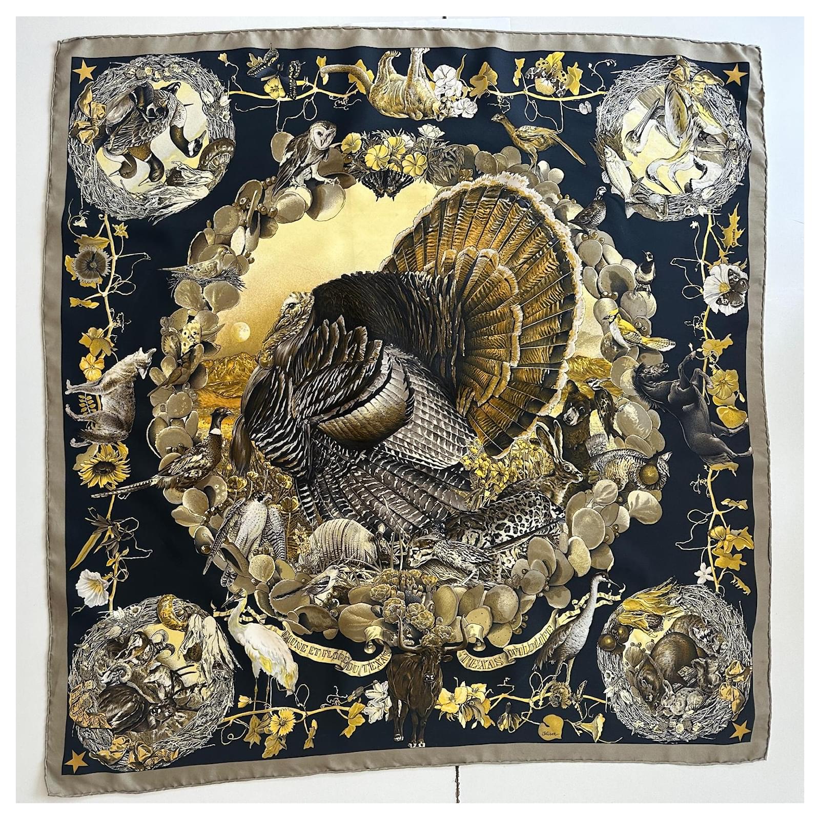 Hermès square fauna and flora of Texas Black Golden Silk ref
