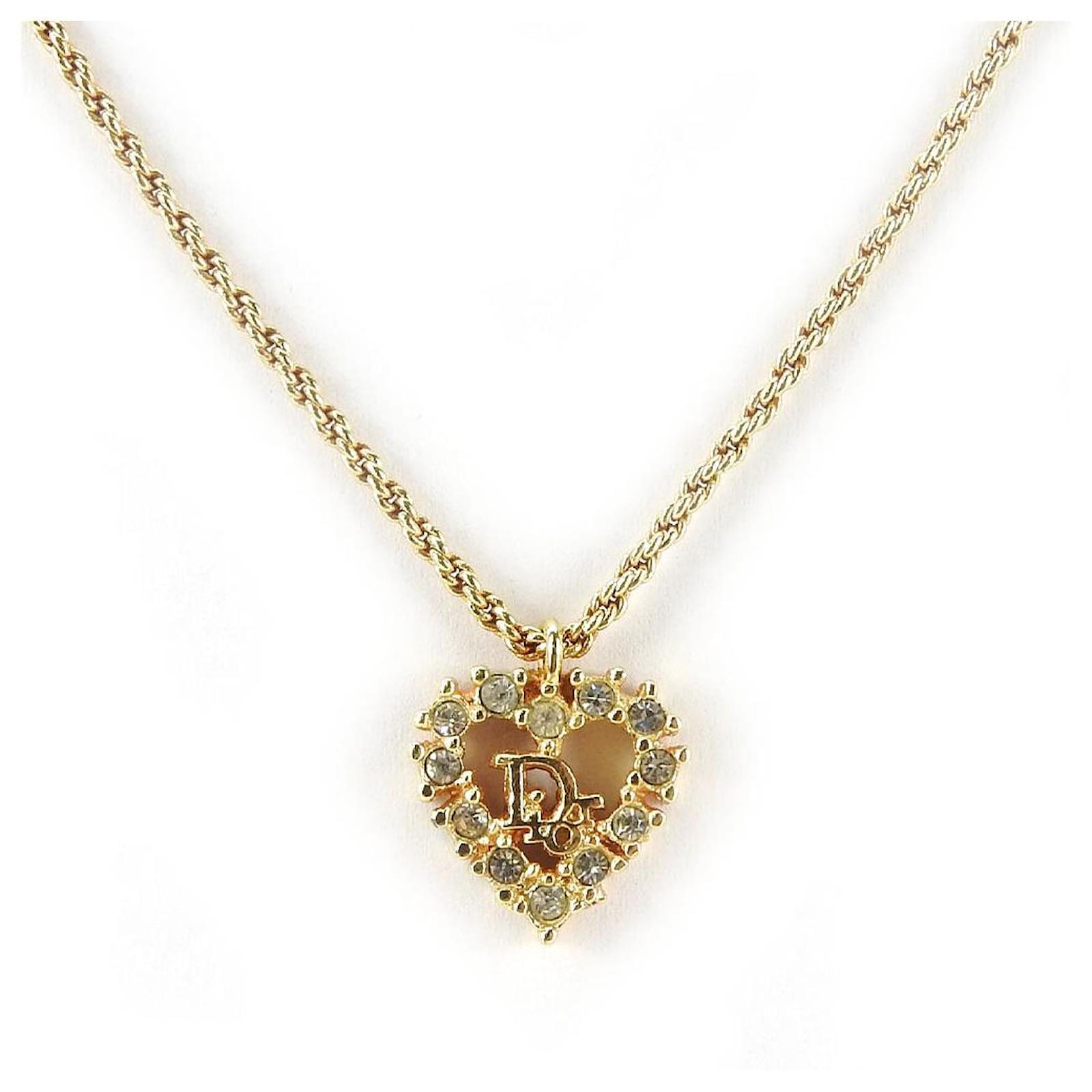 Christian Dior Gold Heart Necklace Golden Metallic Metal ref